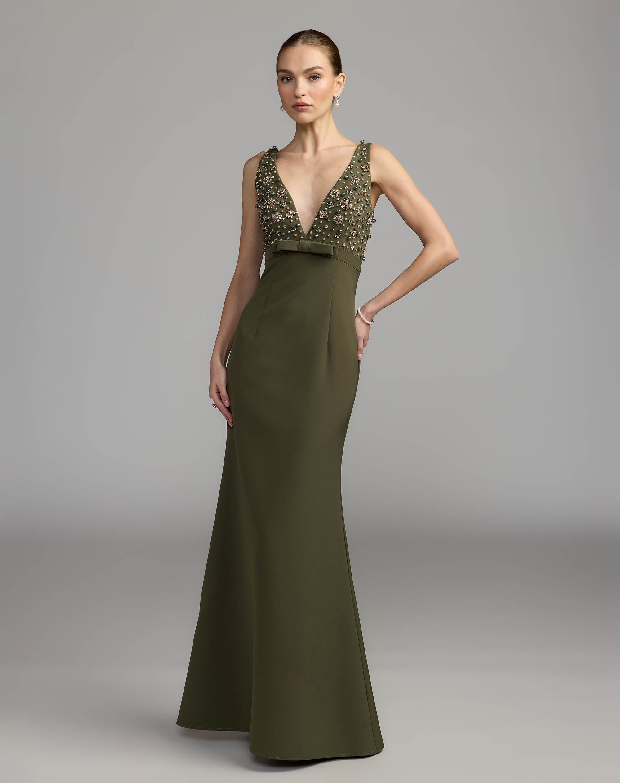 Deep Green Sleeveless Embellished Crepe Gown With Bow Ieena for Mac Duggal