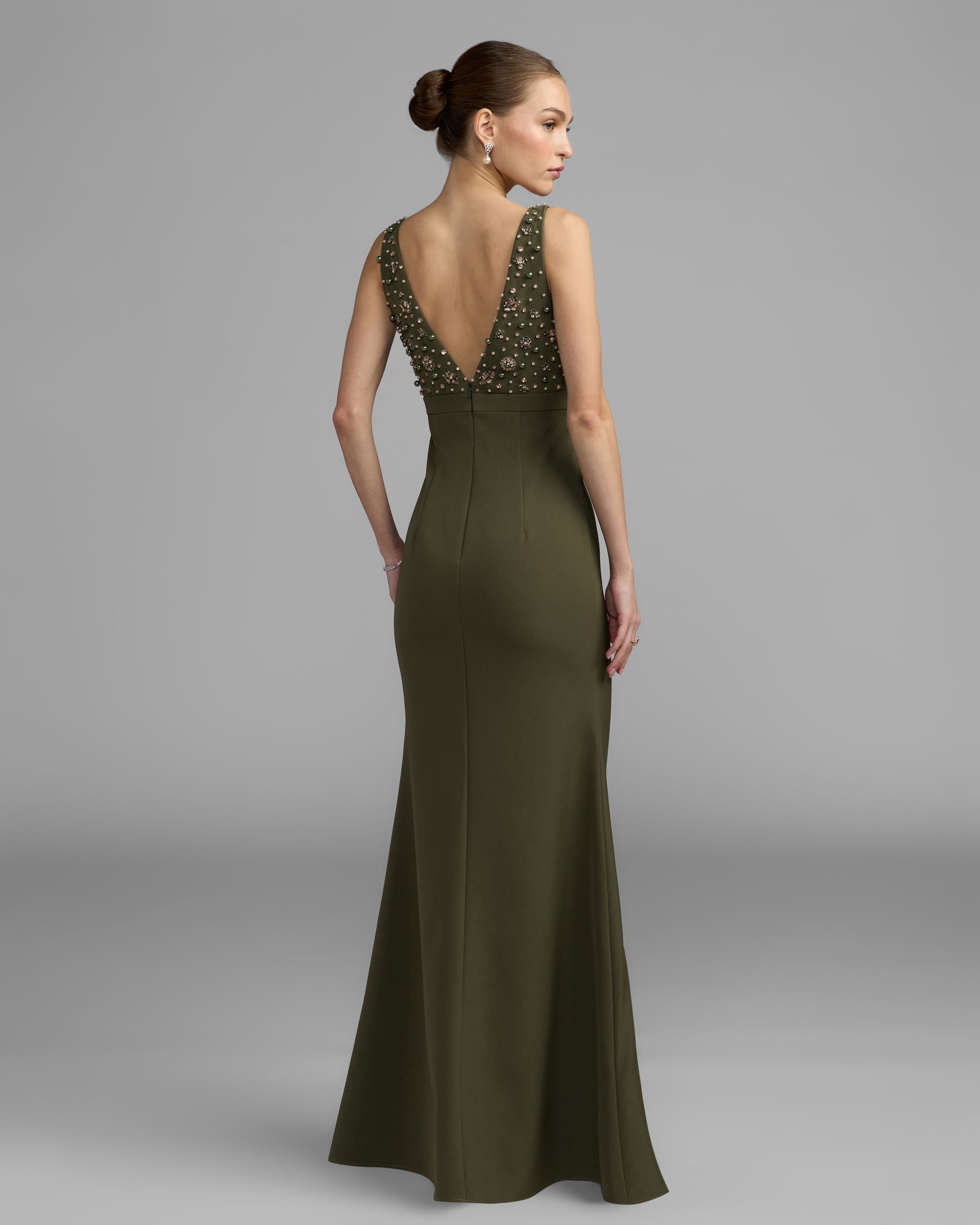 Deep Green Sleeveless Embellished Crepe Gown With Bow Ieena for Mac Duggal