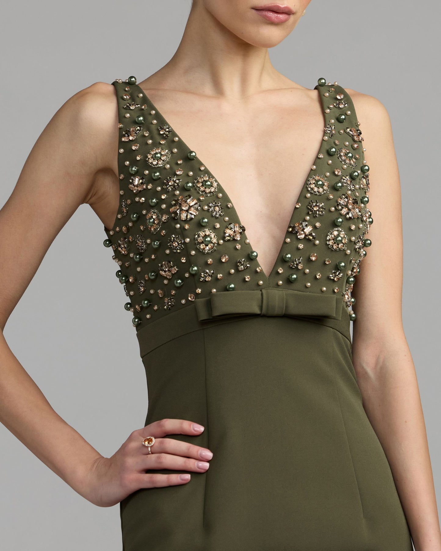 Deep Green Sleeveless Embellished Crepe Gown With Bow Ieena for Mac Duggal