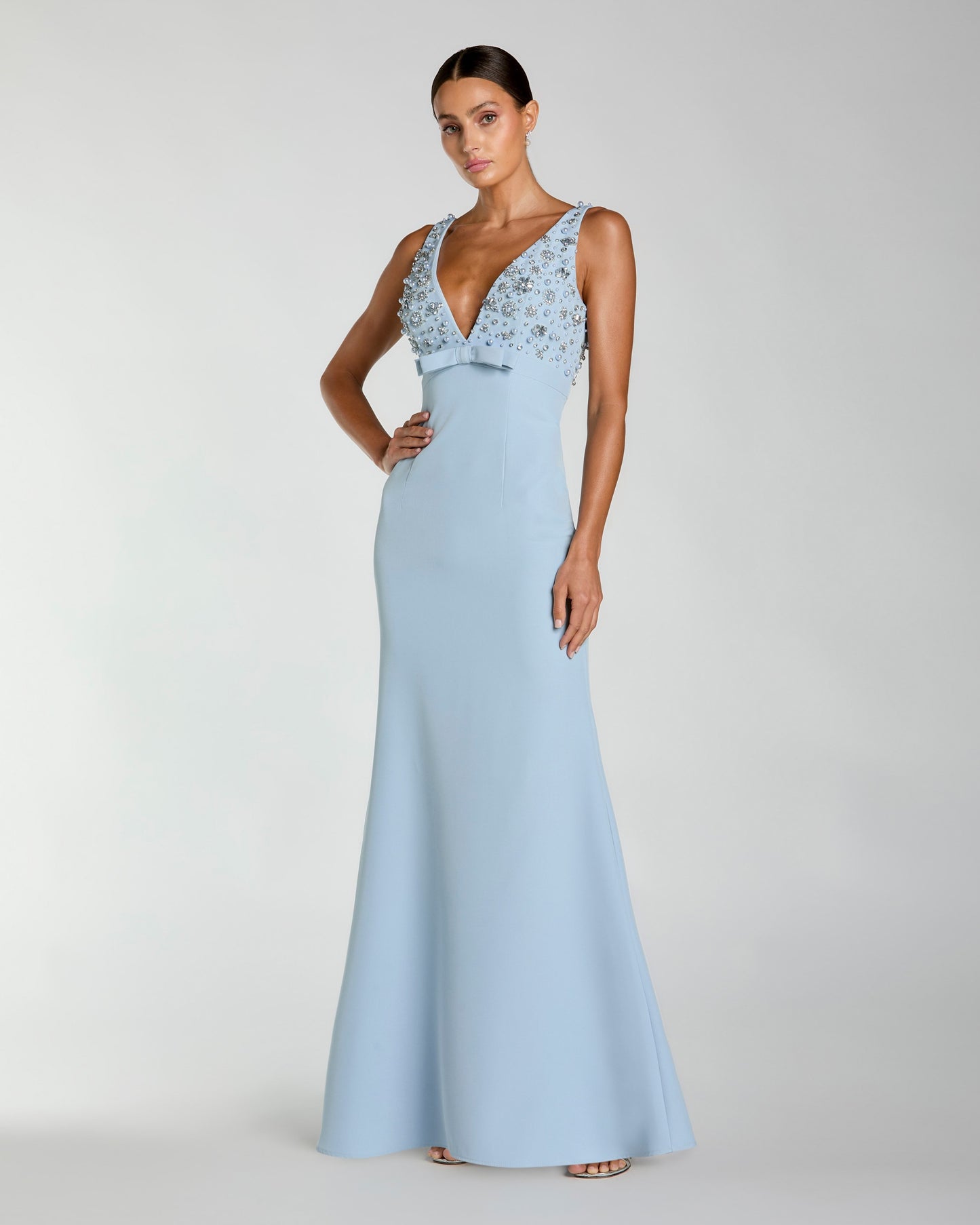 Blue Crepe Sleeveless Beaded V Neck Gown With Bow Ieena for Mac Duggal