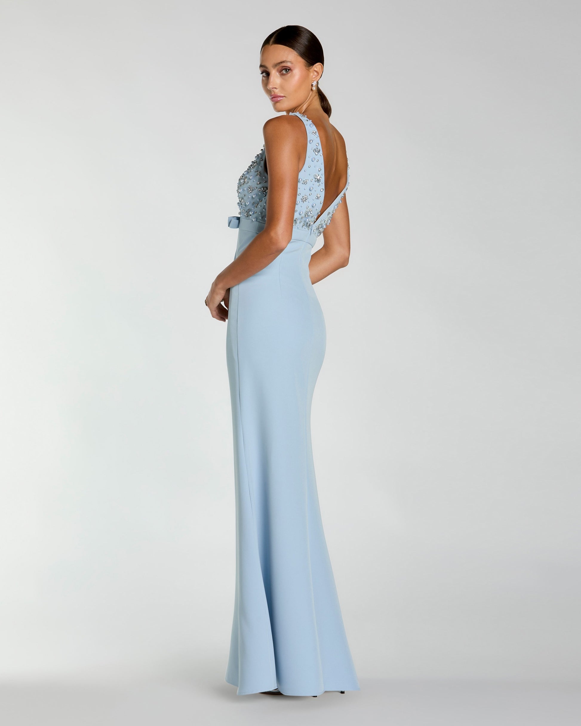 Blue Crepe Sleeveless Beaded V Neck Gown With Bow Ieena for Mac Duggal