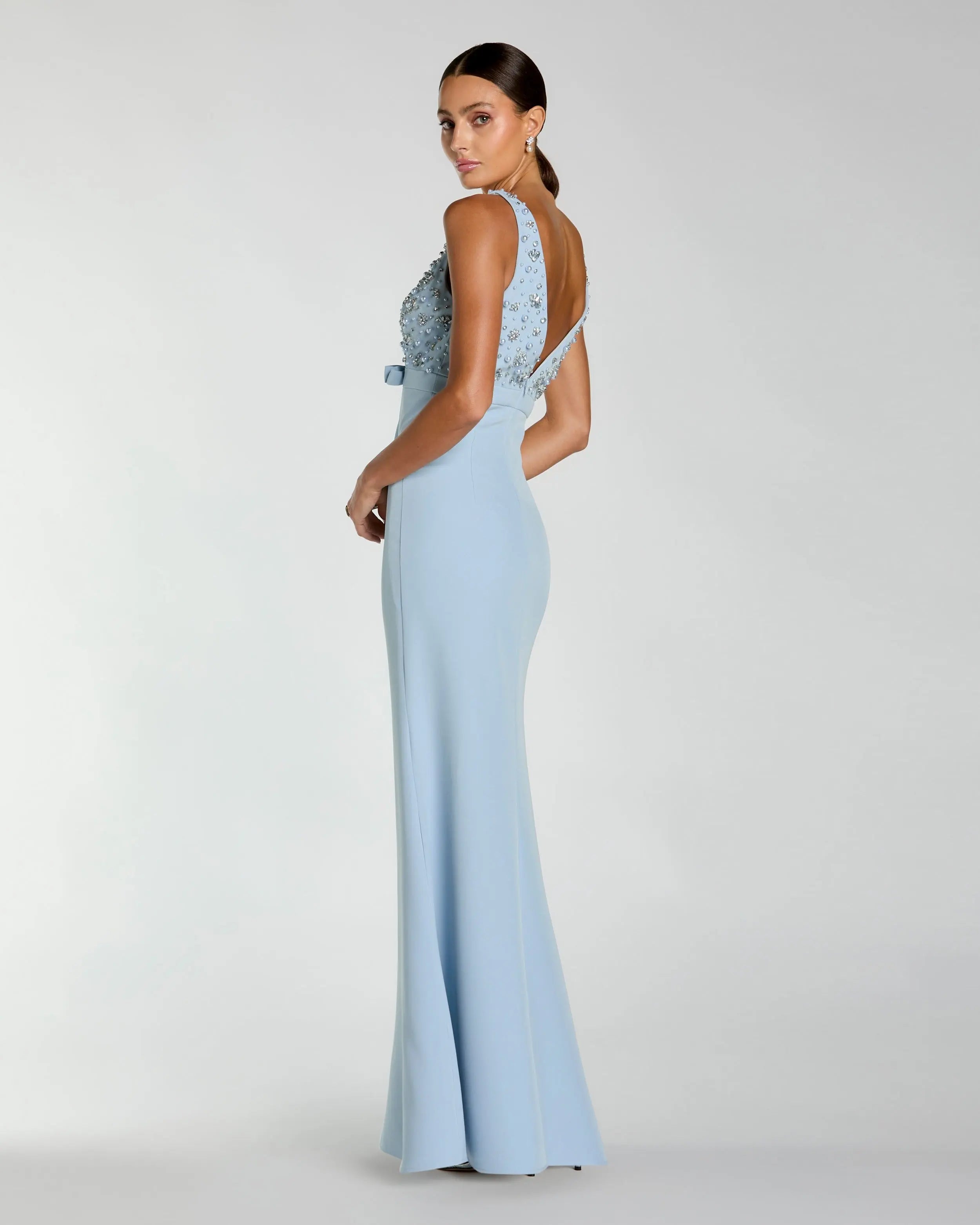 Blue Crepe Sleeveless Beaded V Neck Gown With Bow Ieena for Mac Duggal