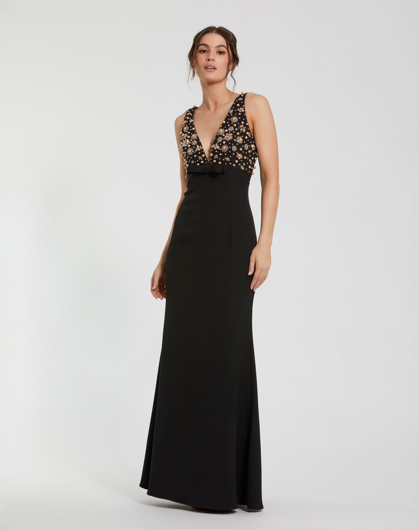 Crepe Sleeveless Beaded V Neck Gown With Bow