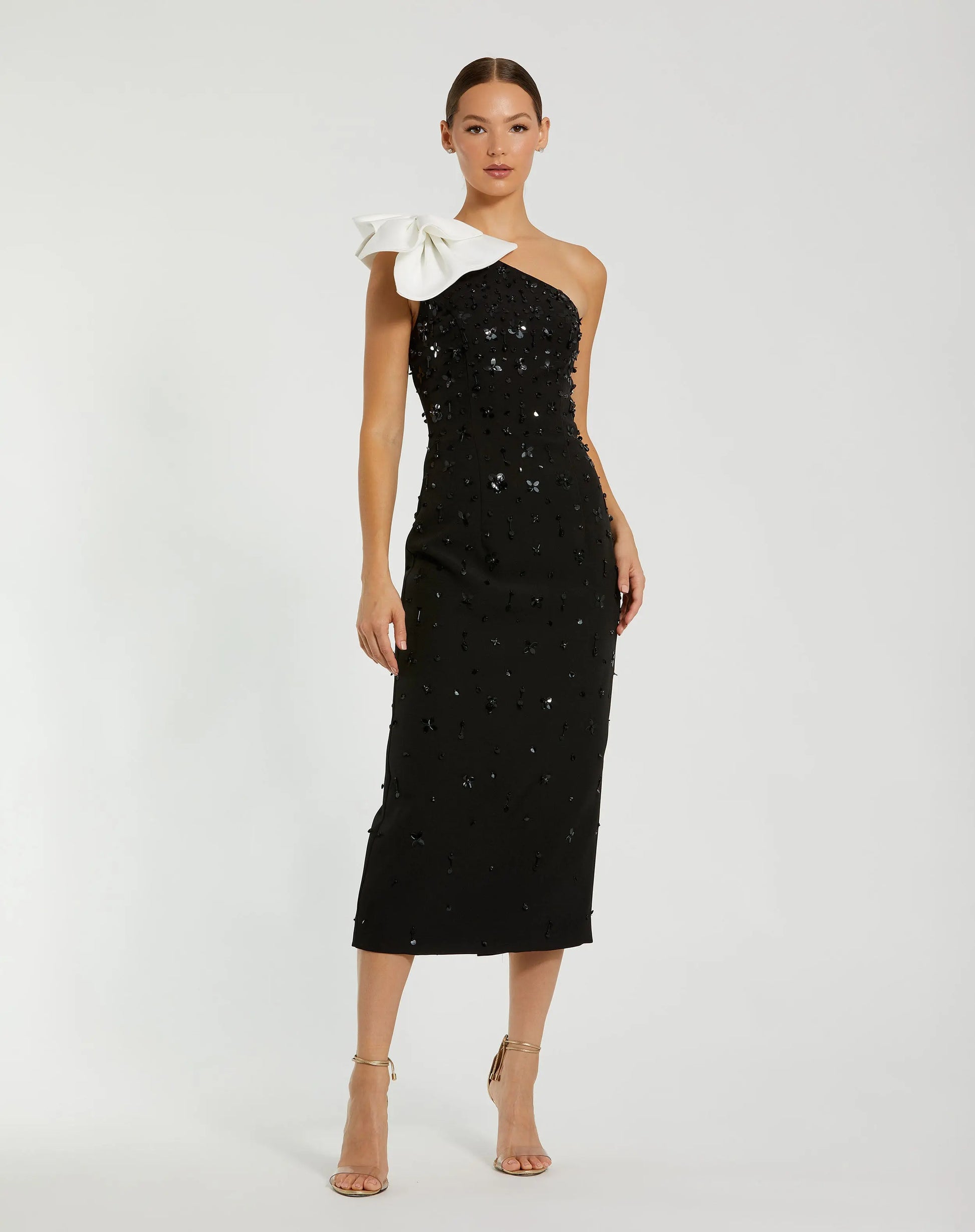 Black Crepe One Shoulder Beaded Midi Dress With Bow | Mac Duggal Black Crepe One Shoulder Beaded Midi Dress With Bow | Mac Duggal