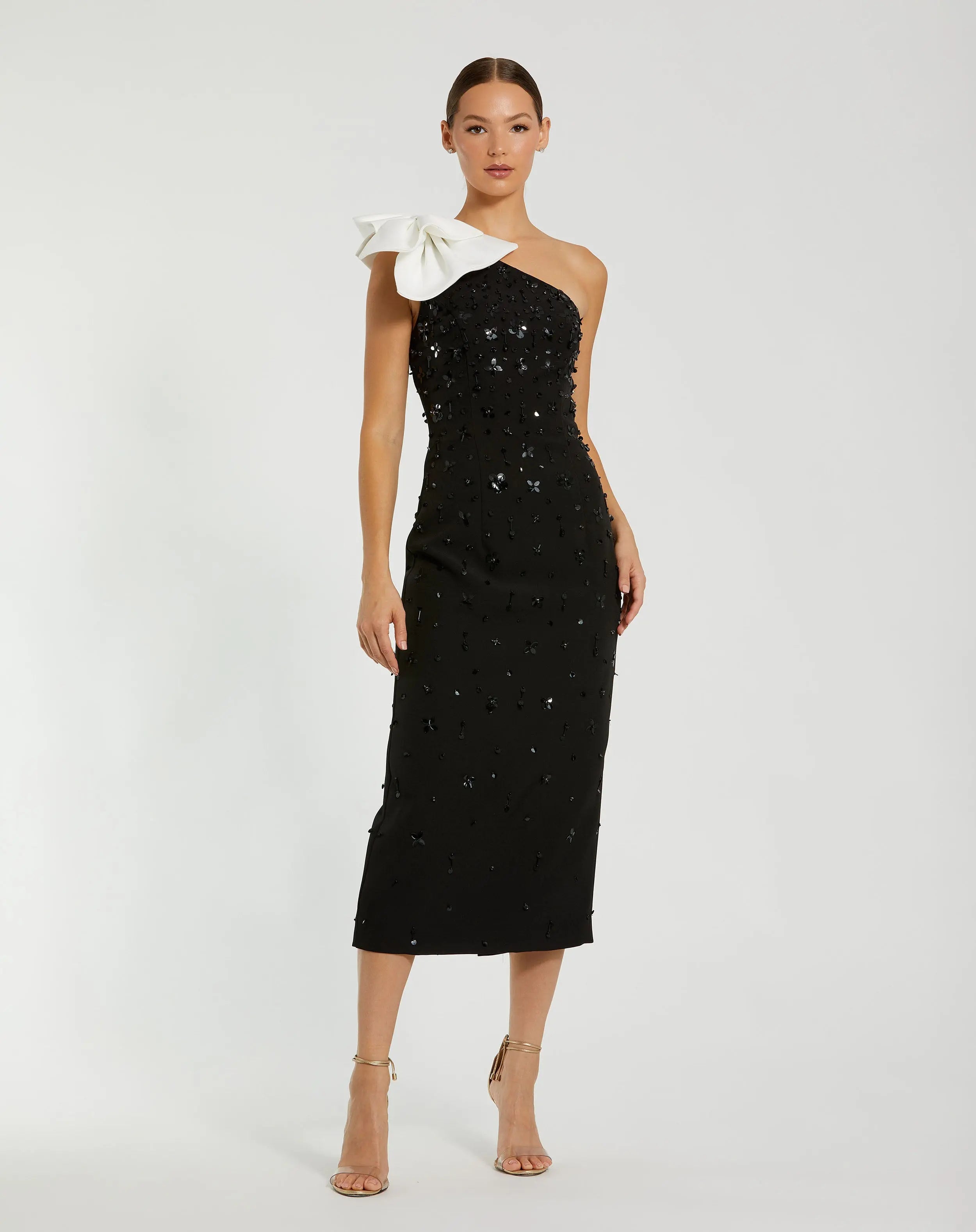 Black Beaded Crepe One Shoulder Midi Dress With Bow - Ieena for Mac Duggal