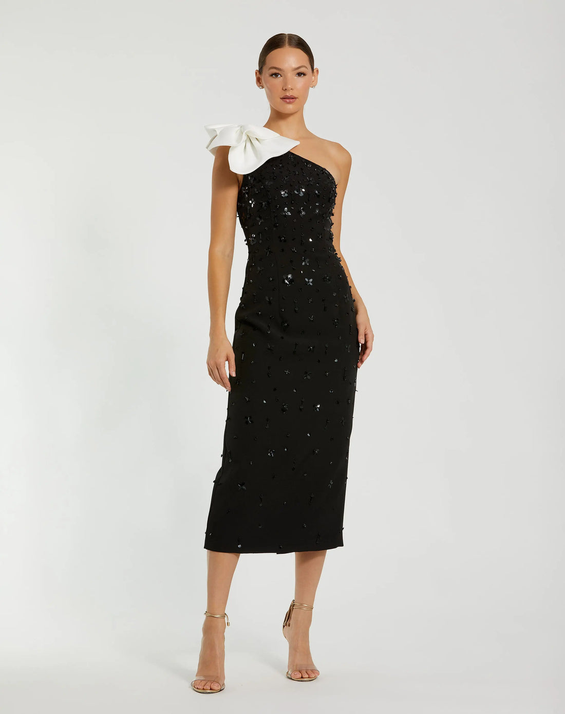 Black Beaded Crepe One Shoulder Midi Dress With Bow - Ieena for Mac Duggal