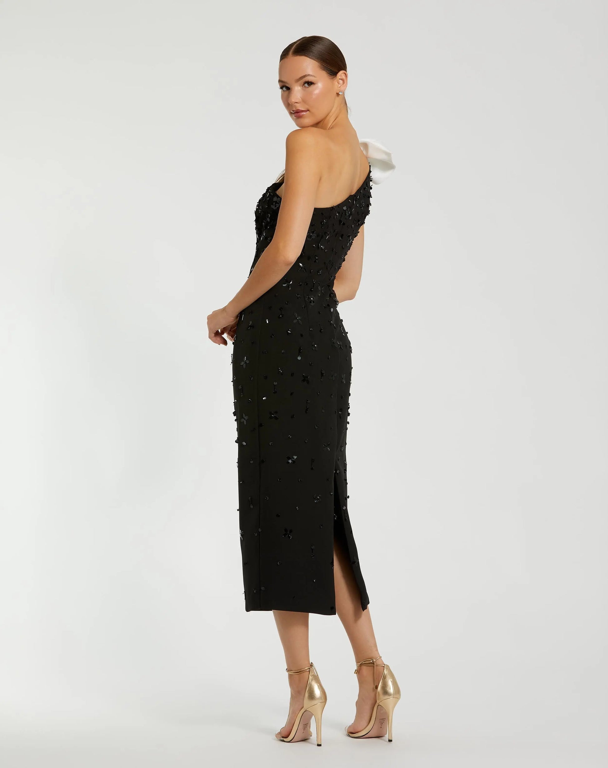 Black Crepe One Shoulder Beaded Midi Dress With Bow | Mac Duggal Black Crepe One Shoulder Beaded Midi Dress With Bow | Mac Duggal