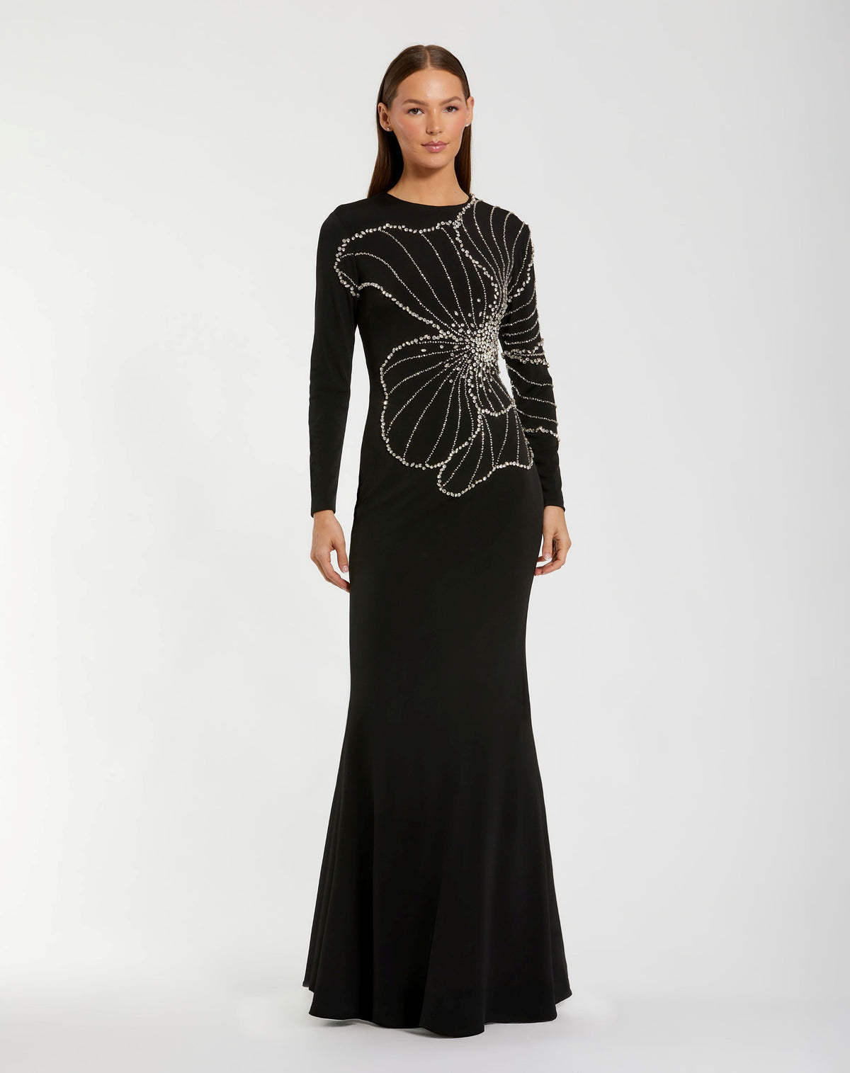 Black Long Sleeve Jersey Gown With Beaded Flower - Ieena for Mac Duggal