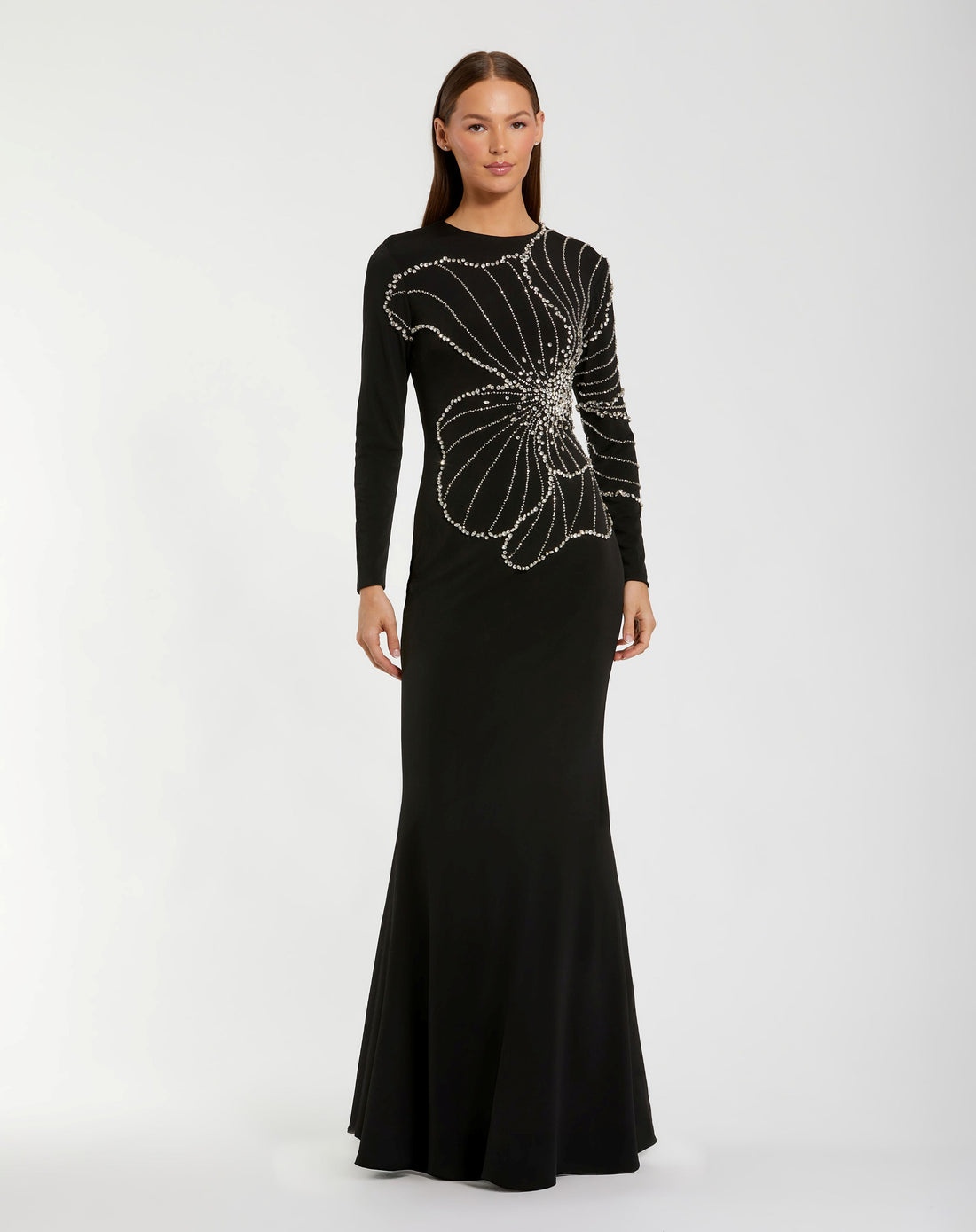 Black Long Sleeve Jersey Gown With Beaded Flower - Ieena for Mac Duggal