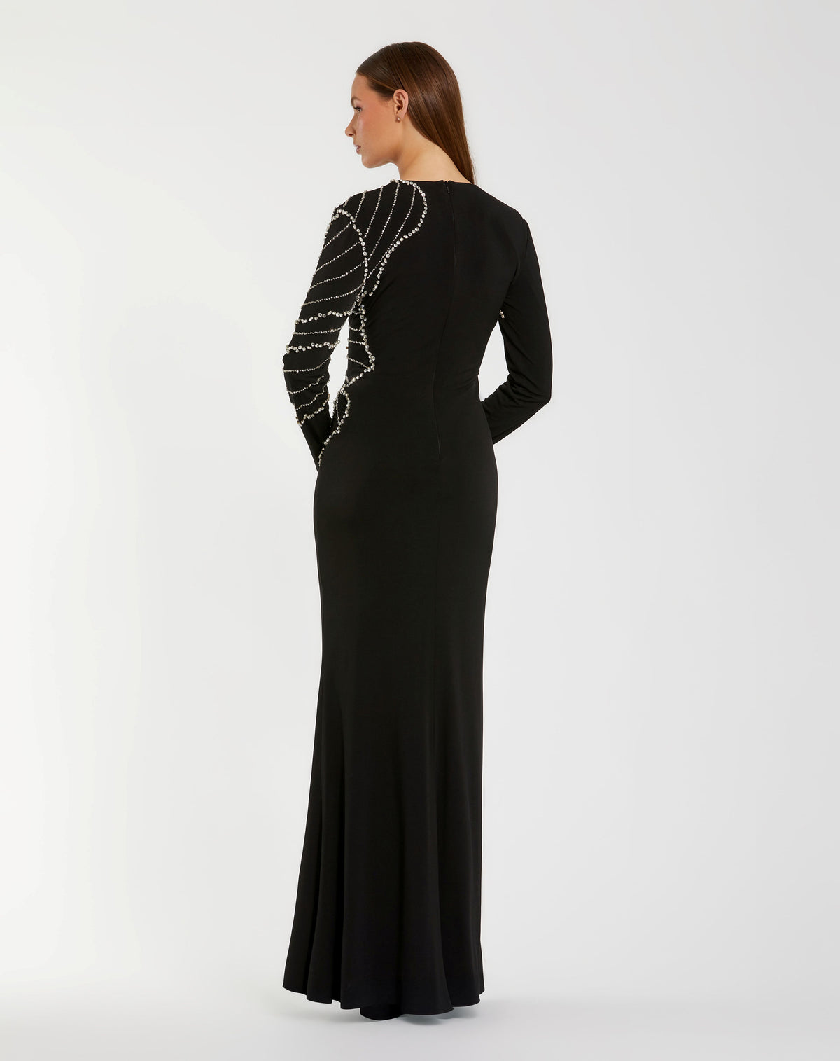 Black Long Sleeve Jersey Gown With Beaded Flower - Ieena for Mac Duggal