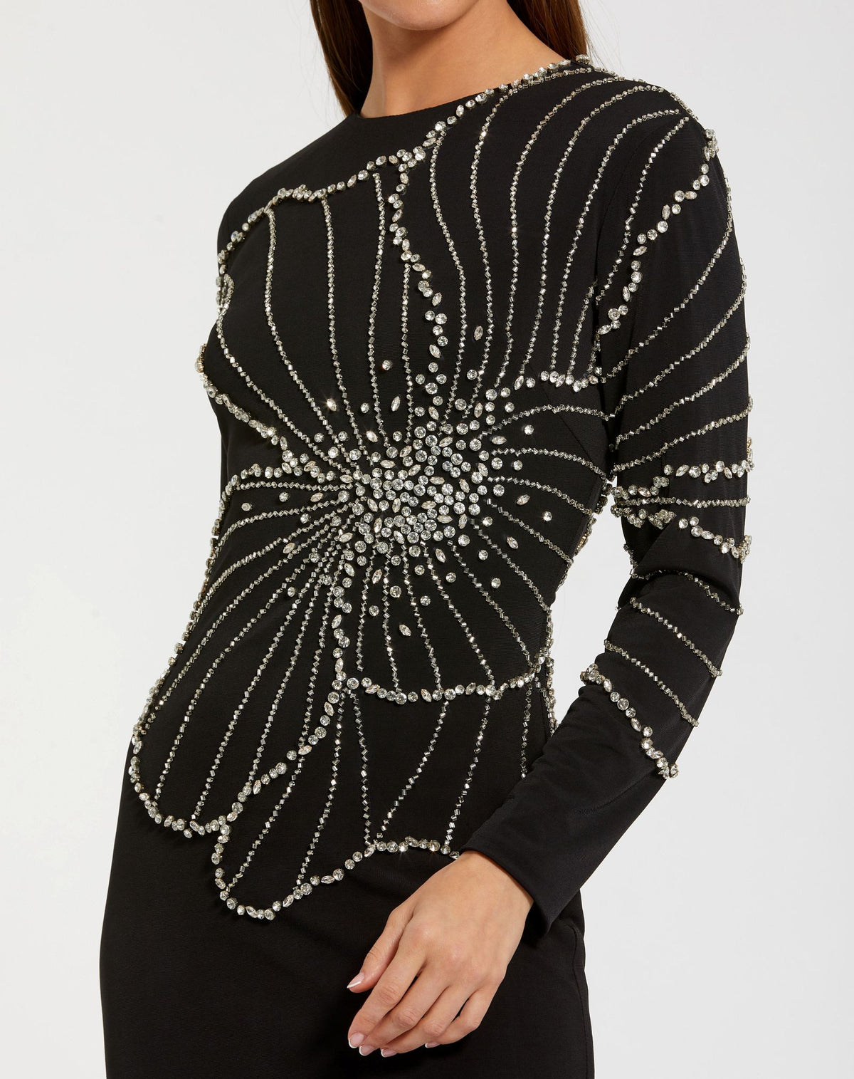 Black Long Sleeve Jersey Gown With Beaded Flower - Ieena for Mac Duggal