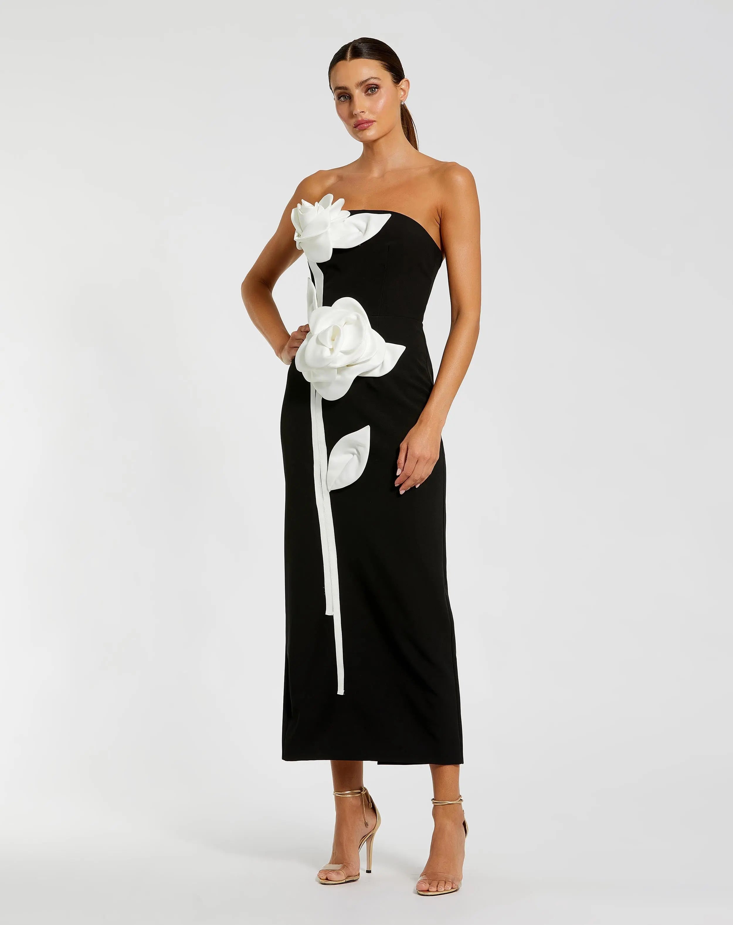 Black Strapless Crepe Dress With 3D Satin Flowers - Ieena for Mac Duggal