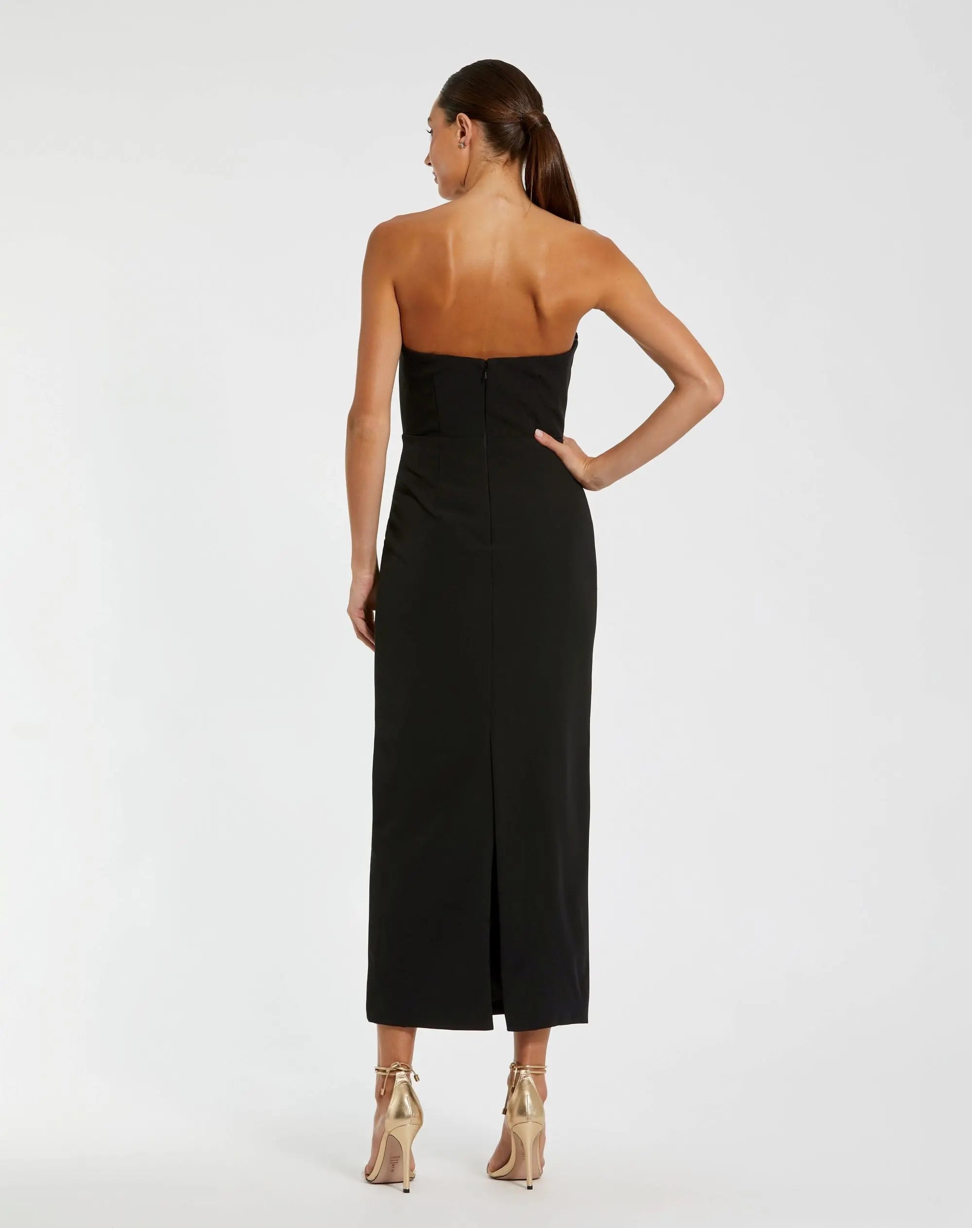 Black Strapless Crepe Dress With 3D Satin Flowers - Ieena for Mac Duggal