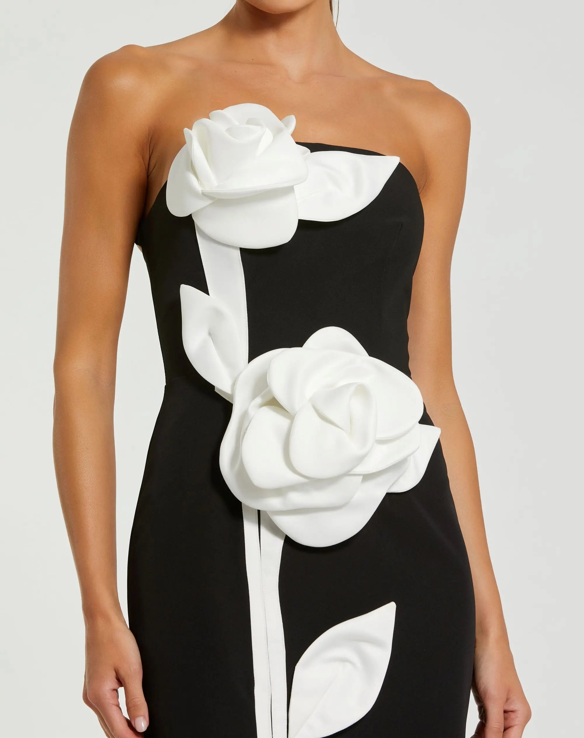 Black Strapless Crepe Dress With 3D Satin Flowers - Ieena for Mac Duggal