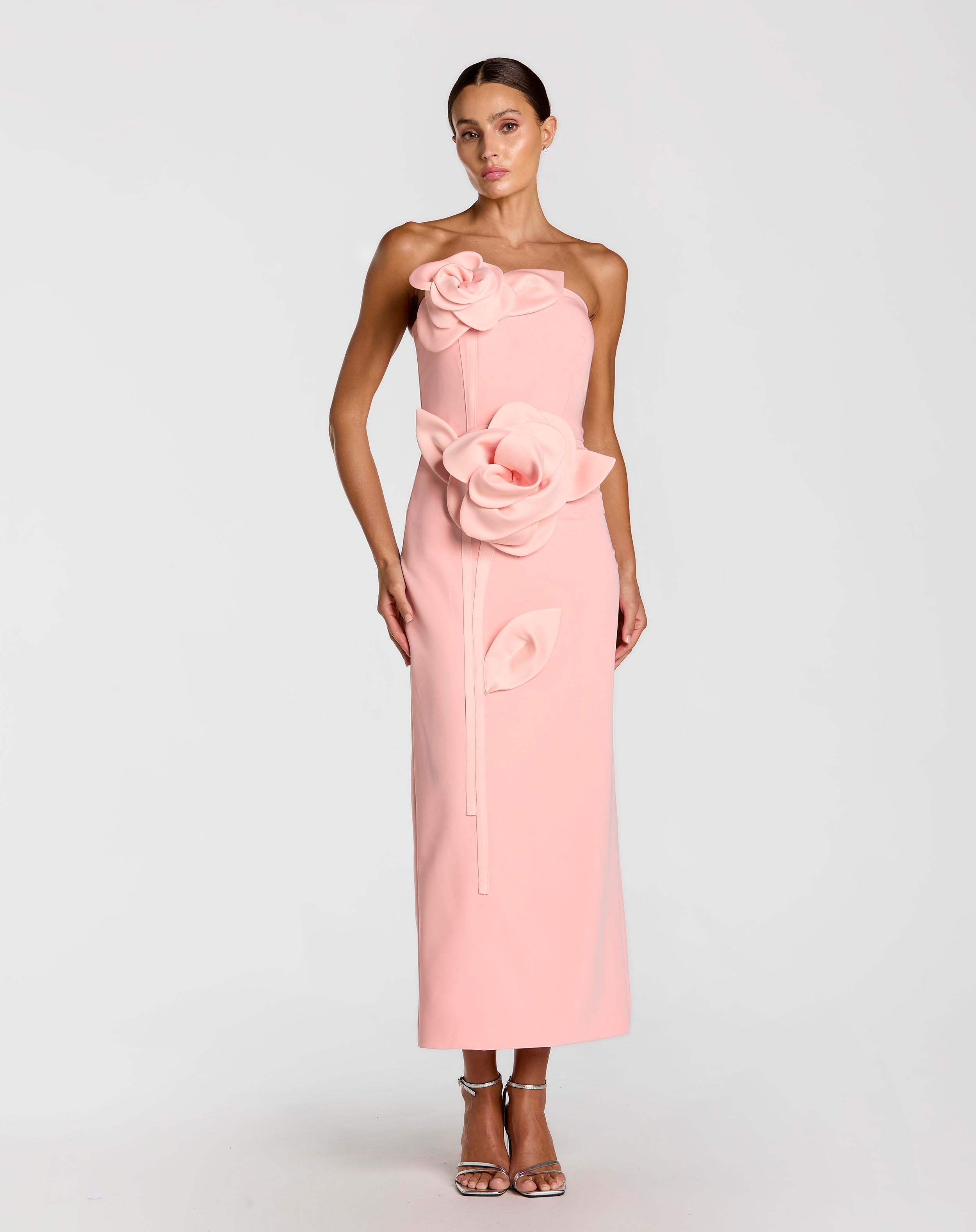 Pink Strapless Crepe Dress With 3D Satin Flowers - Ieena for Mac Duggal
