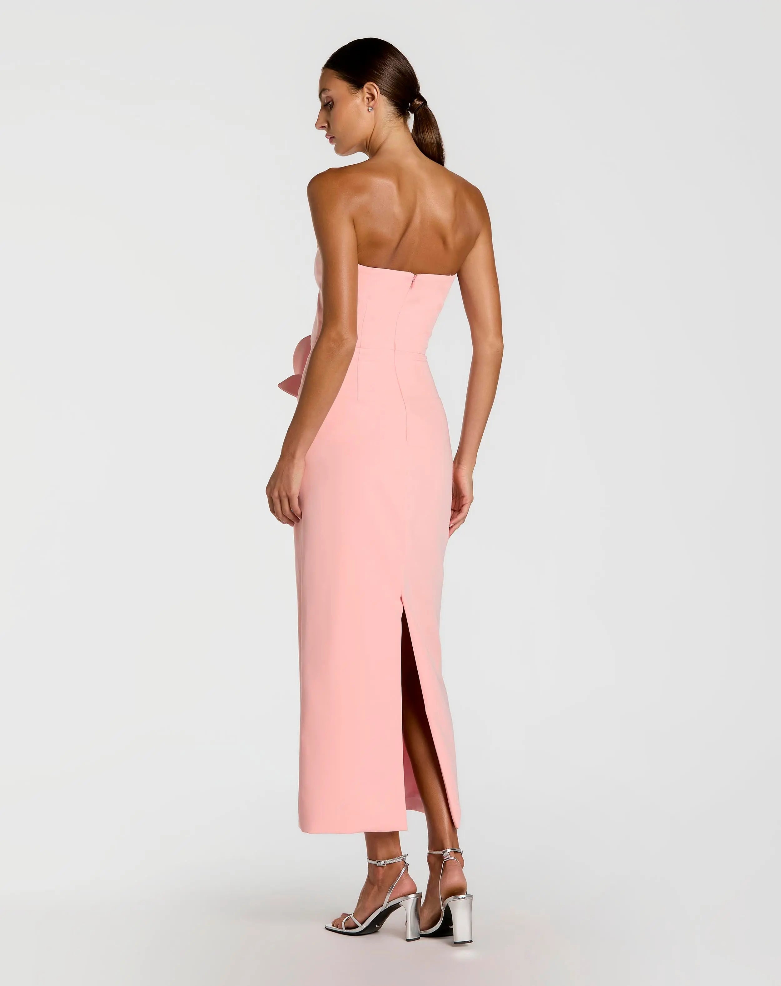 Pink Strapless Crepe Dress With 3D Satin Flowers | Mac Duggal