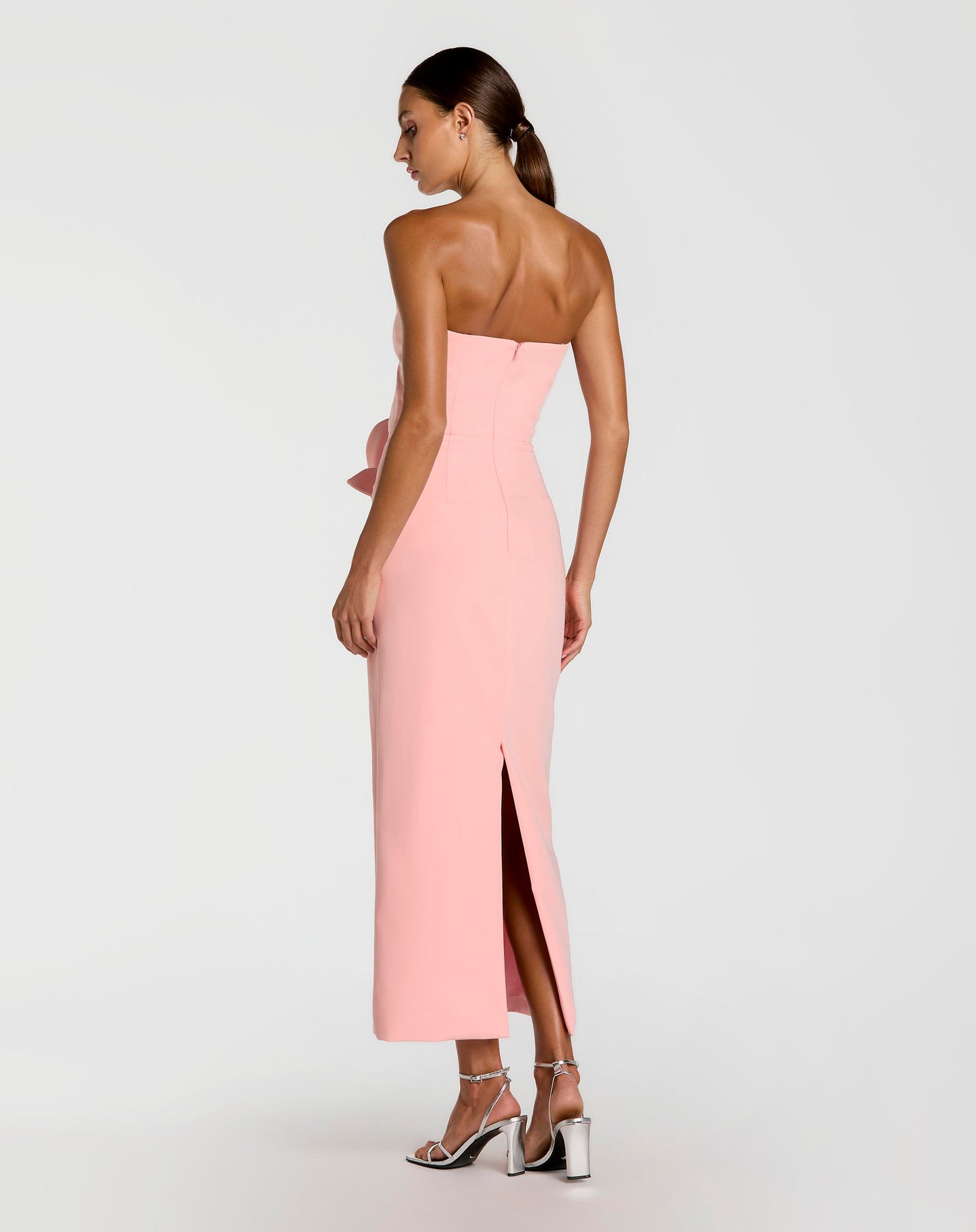 Pink Strapless Crepe Dress With 3D Satin Flowers - Ieena for Mac Duggal