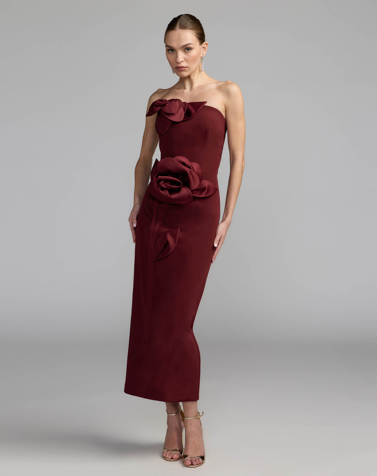 Maroon Strapless Crepe Dress With 3D Satin Flowers - Ieena for Mac Duggal