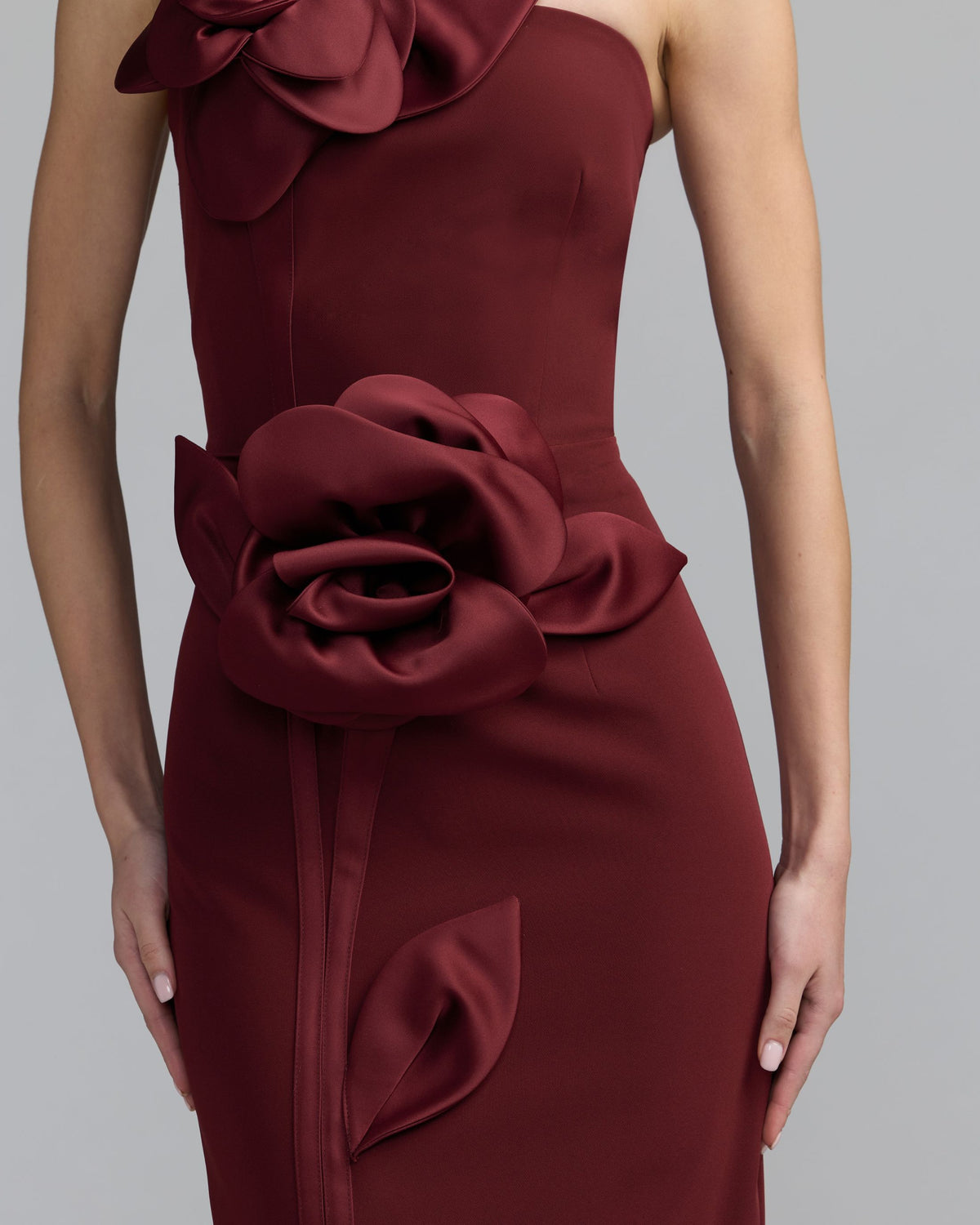Maroon Strapless Crepe Dress With 3D Satin Flowers - Ieena for Mac Duggal
