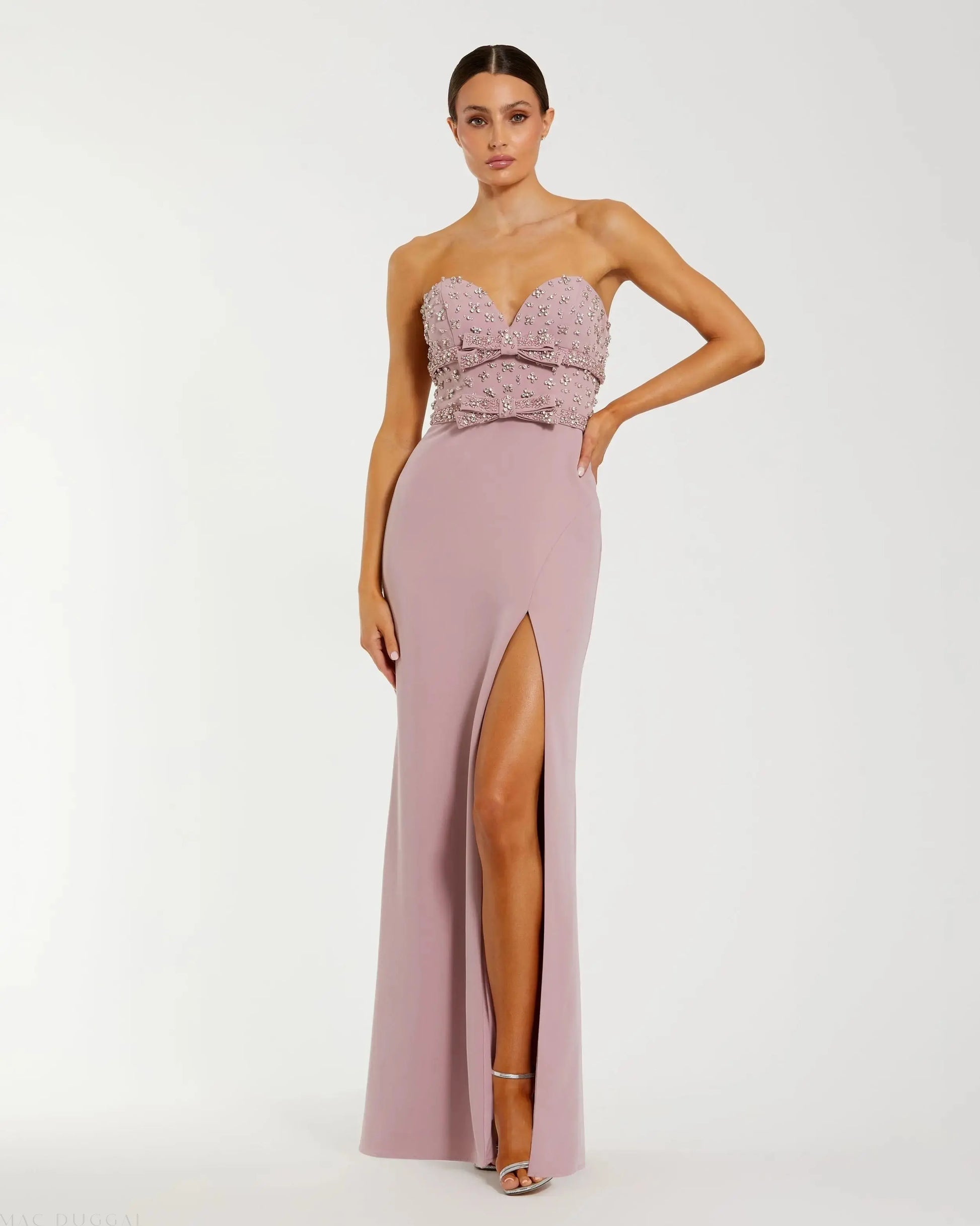 women's light pink strapless mermaid dress for a club singer Pink Strapless Rhinestone Bodice Crepe Gown