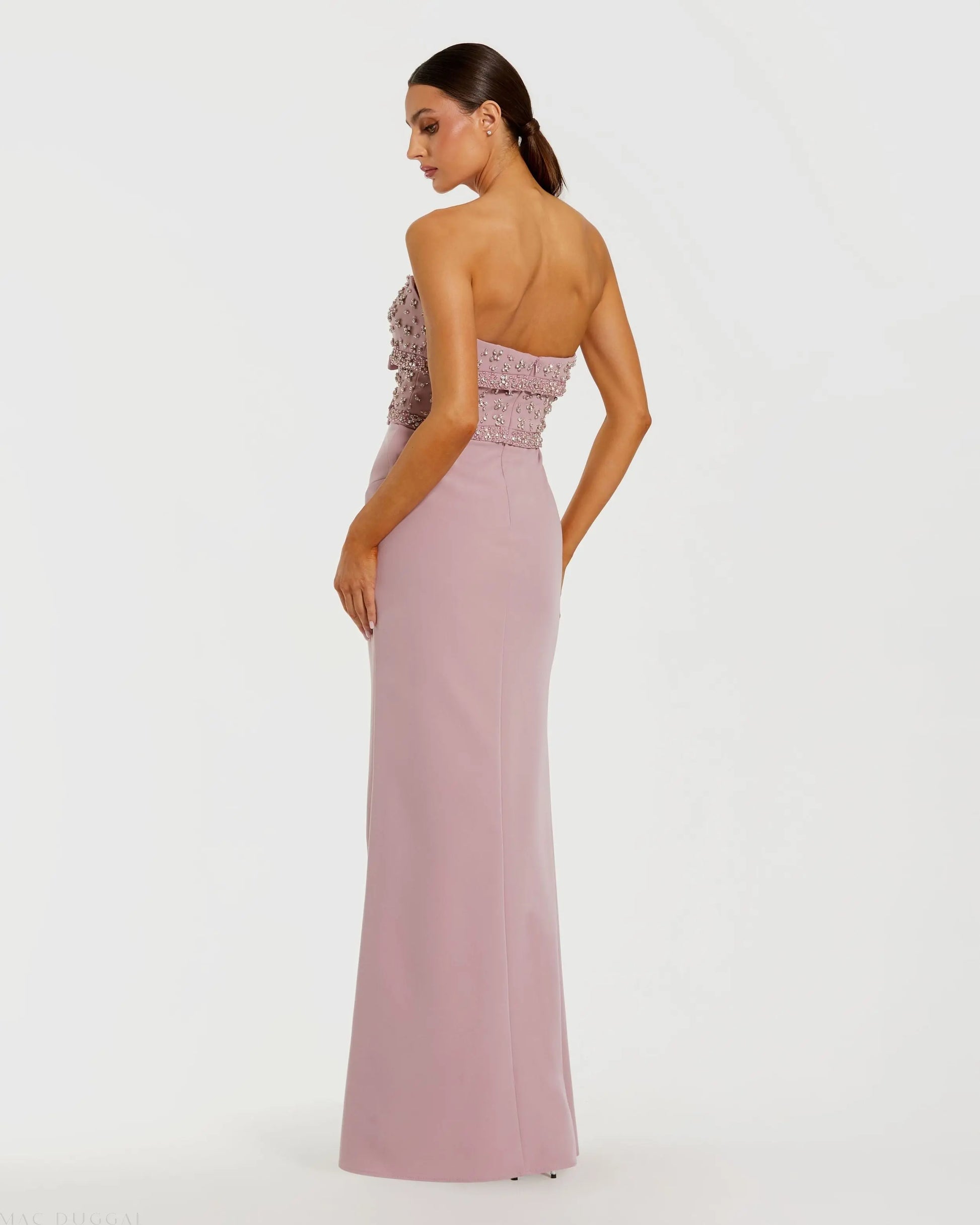 women's light pink strapless mermaid dress for a club singer Pink Strapless Rhinestone Bodice Crepe Gown