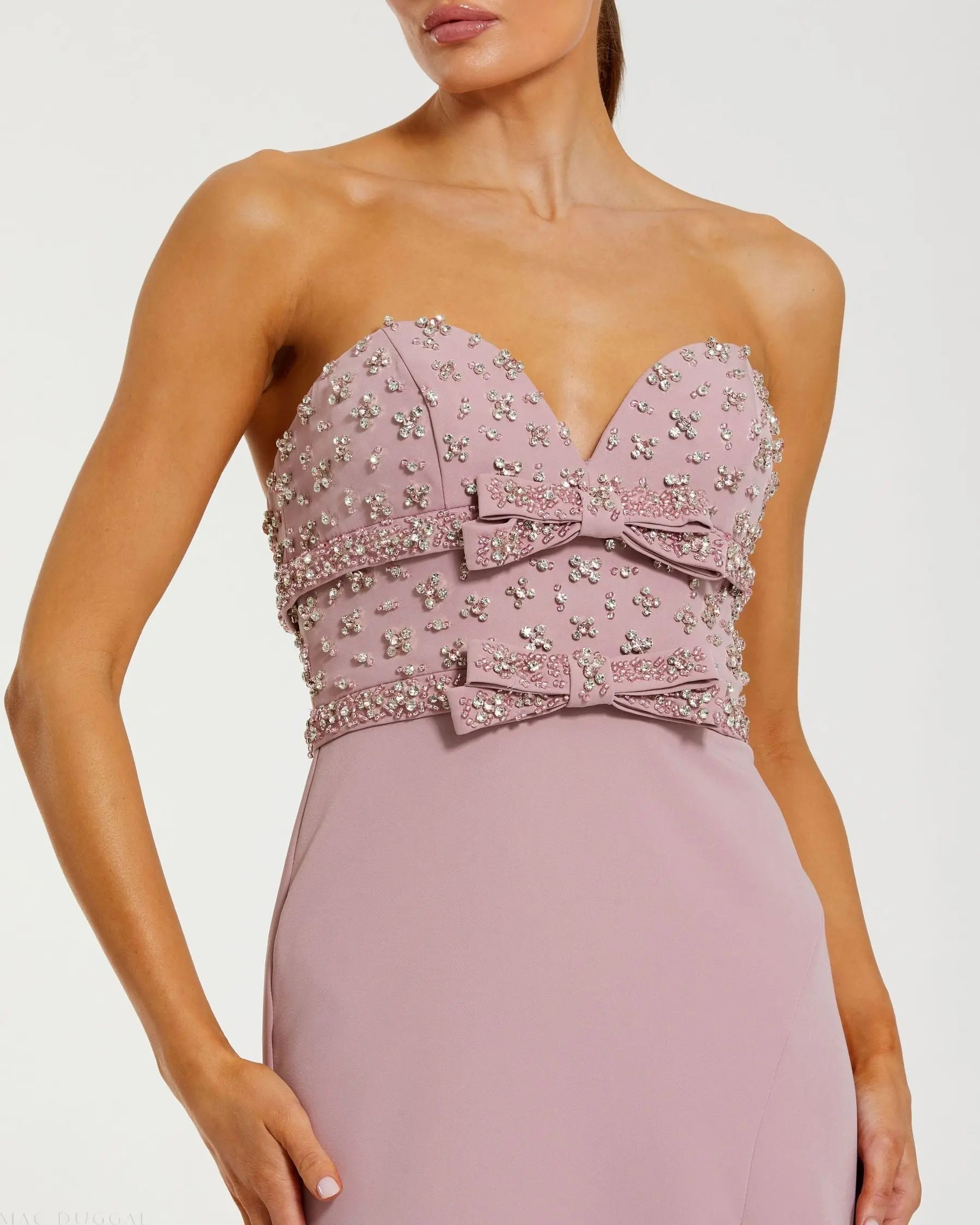 Pink Strapless Rhinestone Bodice Crepe Gown Pink Strapless Rhinestone Bodice Crepe Gown