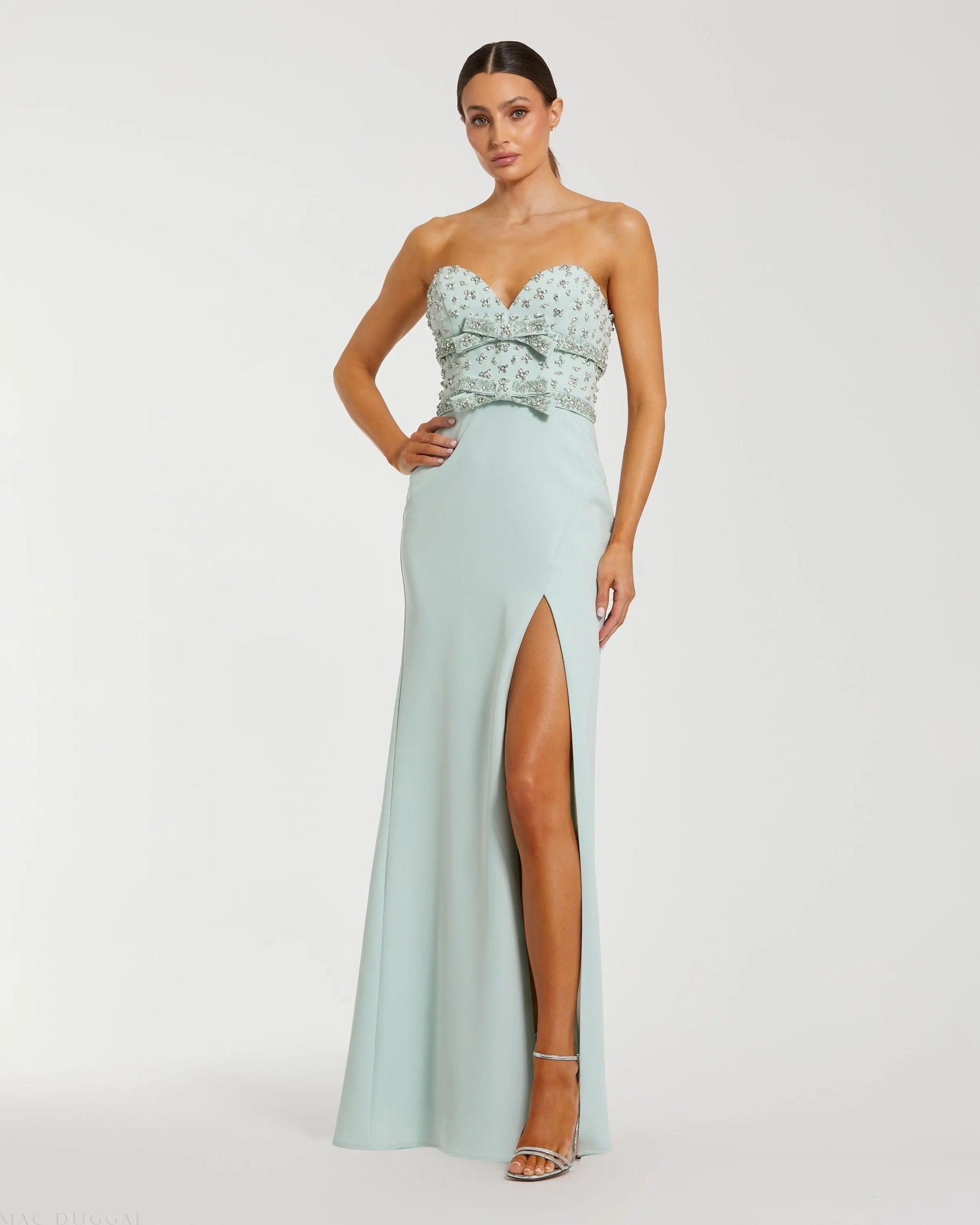 Green Strapless Rhinestone Bodice Crepe Gown | Mac Duggal Green Strapless Rhinestone Bodice Crepe Gown | Mac Duggal