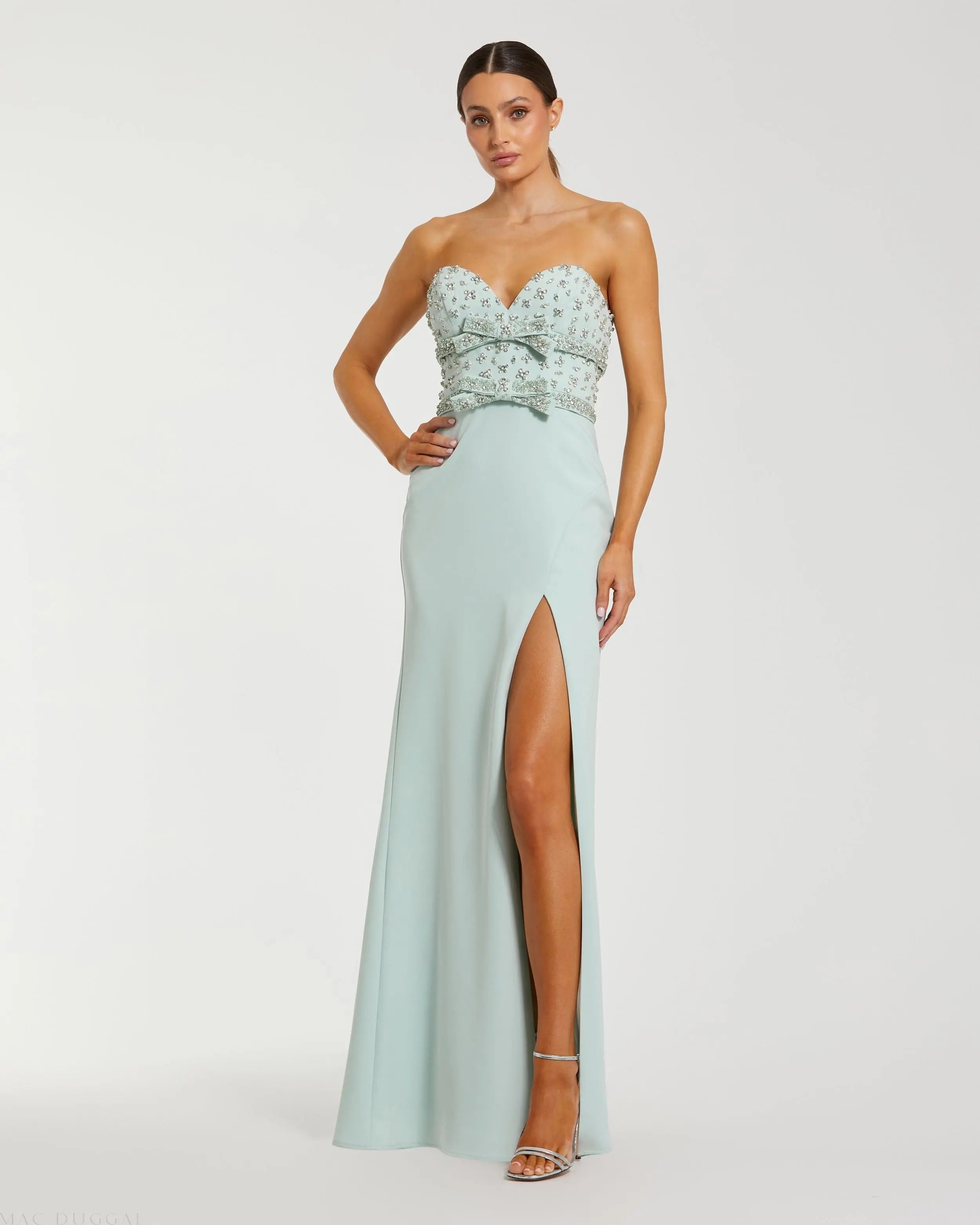 Strapless Rhinestone Bodice Crepe Gown Mac Duggal