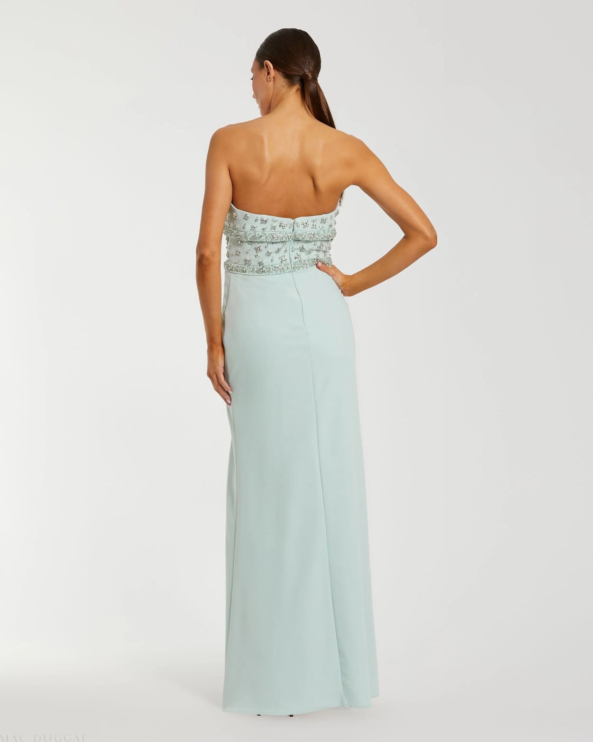 Green Strapless Rhinestone Bodice Crepe Gown | Mac Duggal Green Strapless Rhinestone Bodice Crepe Gown | Mac Duggal