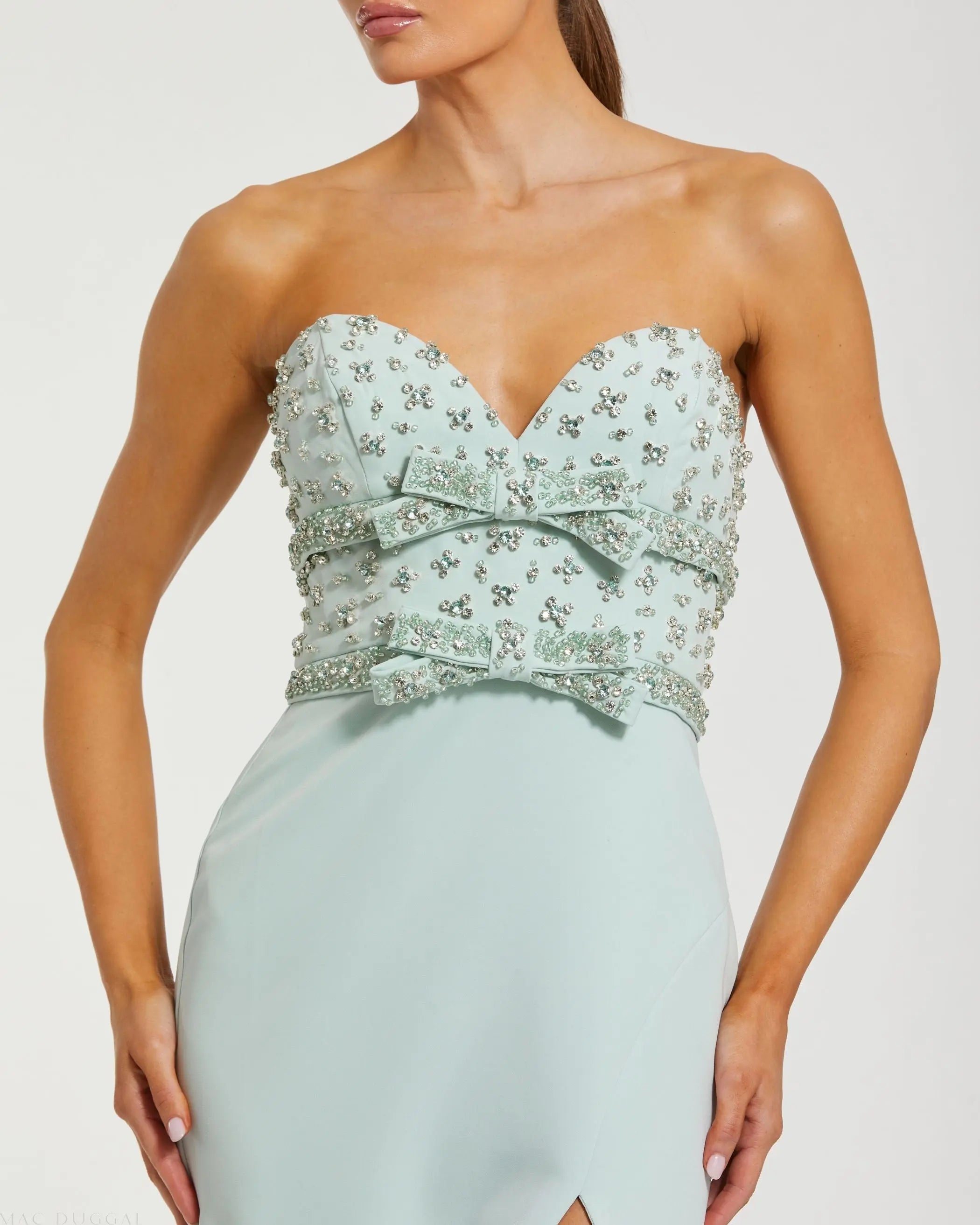Green Strapless Rhinestone Bodice Crepe Gown Mac Duggal
