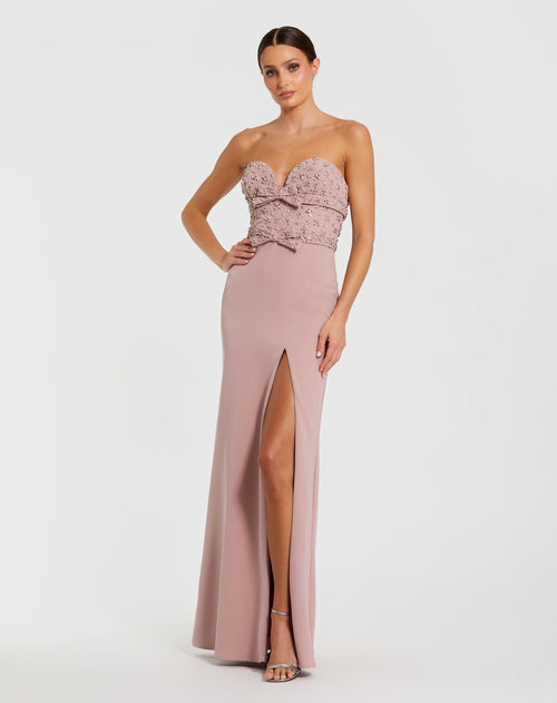 Pink Strapless Crepe Fitted Gown With Rhinestones