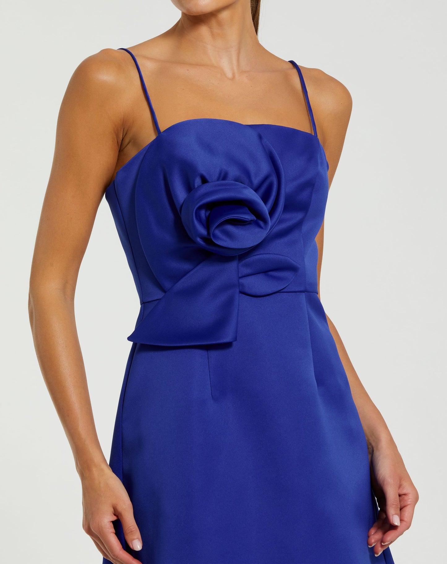 Blue Satin A-Line Mini Dress With 3D Rose Detail - Ieena for Mac Duggal