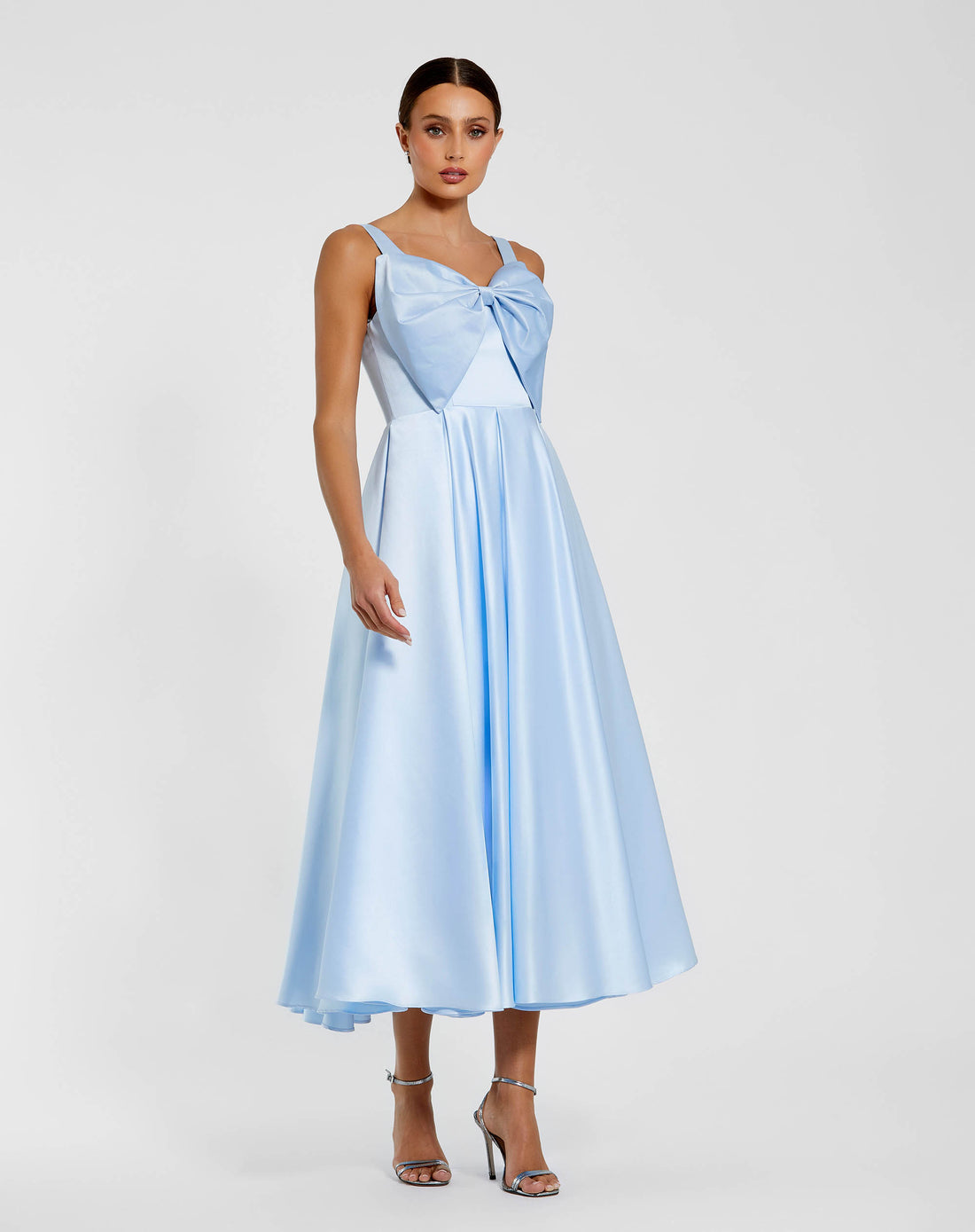 Blue Sleeveless Satin Midi Dress with Bow Detail - Ieena for Mac Duggal