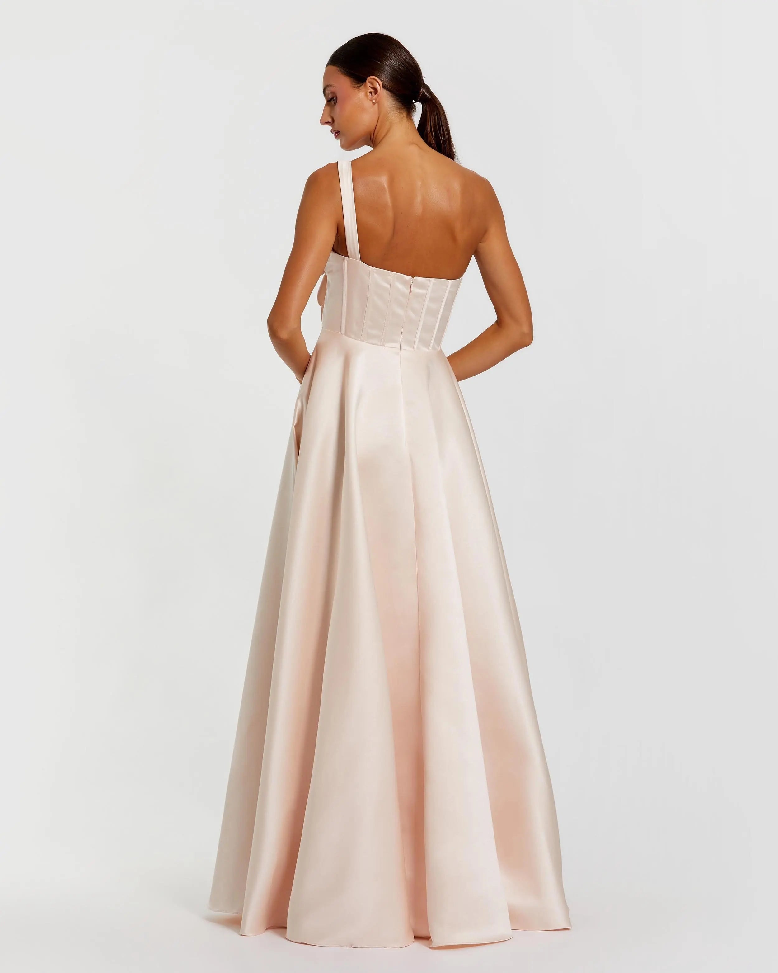 Light Pink Satin Bustier Ball Gown With 3D Flowers Ieena for Mac Duggal