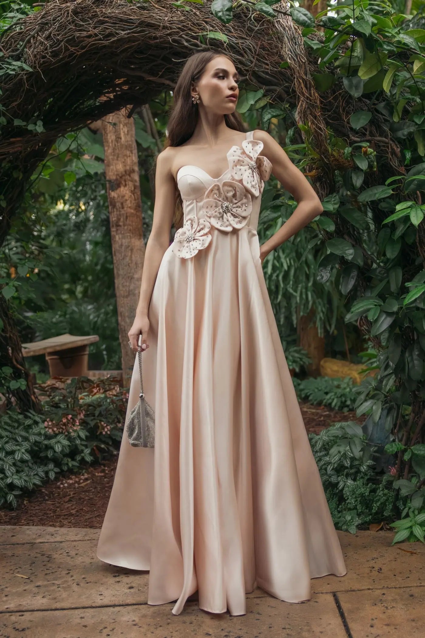 Mac Duggal Strapless Satin Bustier Gown With 3D Flowers, Womens, 12, Oyster