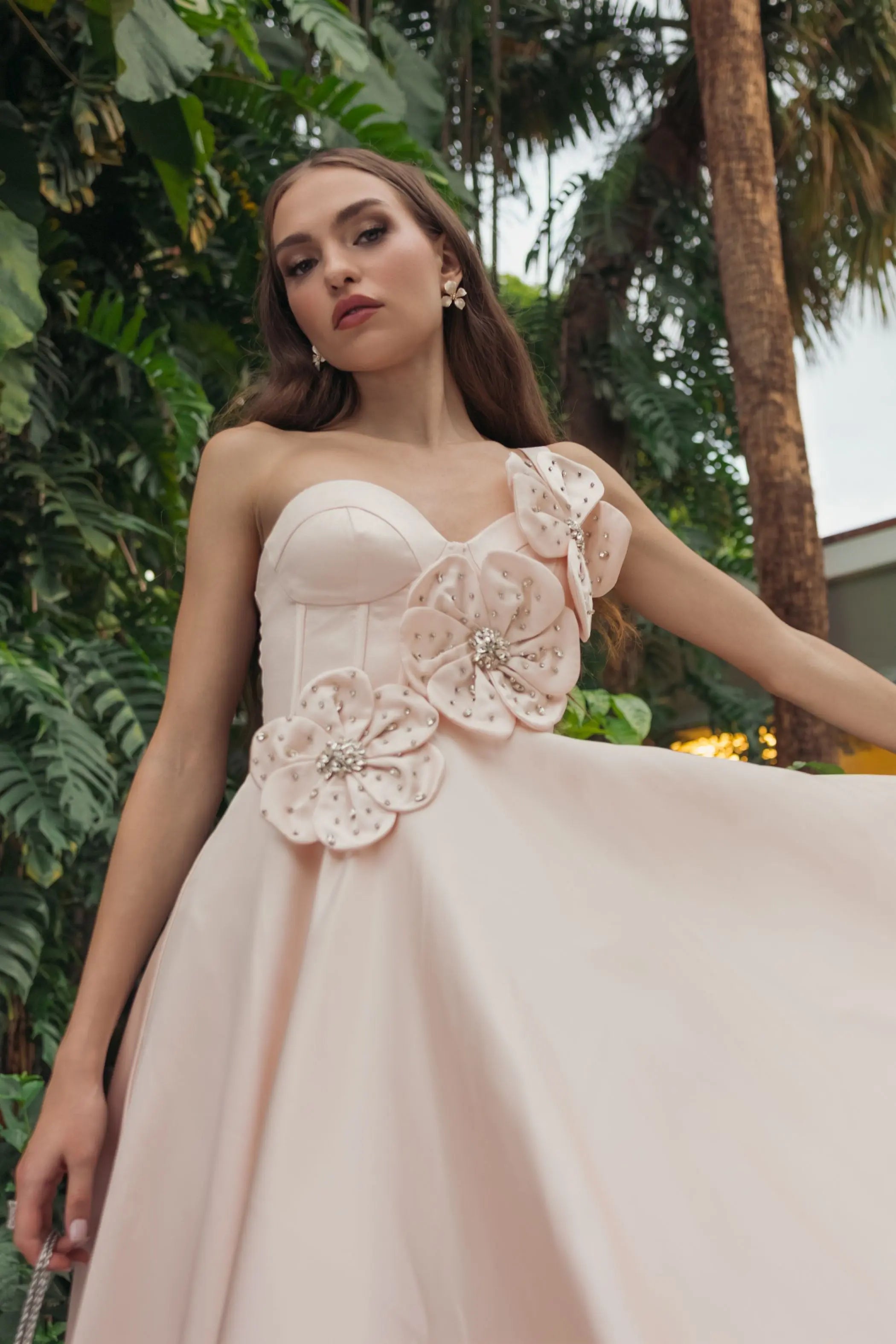 Light Pink Satin Bustier Ball Gown With 3D Flowers Ieena for Mac Duggal