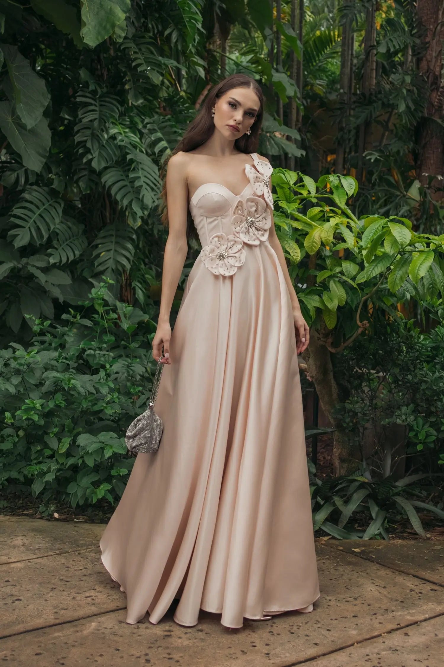 Light Pink Satin Bustier Ball Gown With 3D Flowers Ieena for Mac Duggal