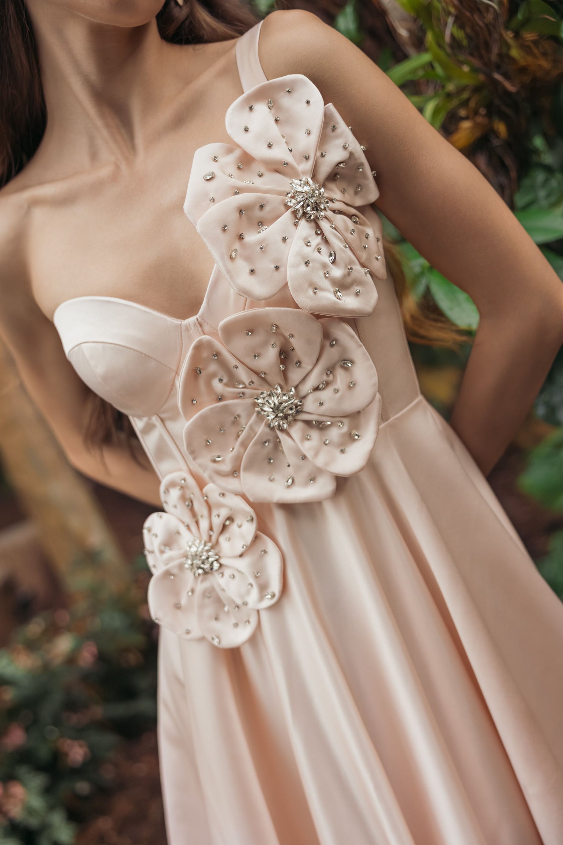 Light Pink Satin Bustier Ball Gown With 3D Flowers Ieena for Mac Duggal