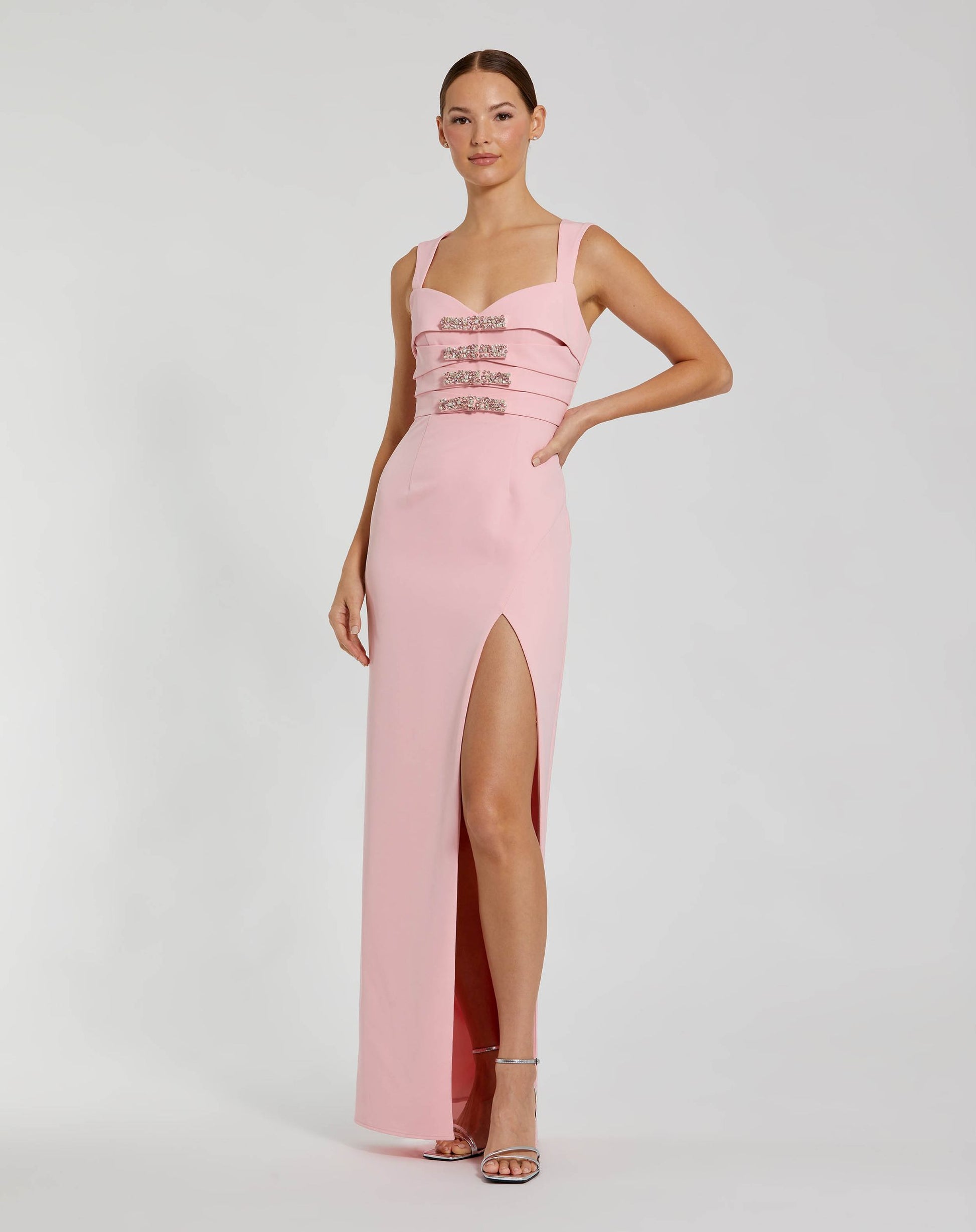 Pink Sleeveless Crepe Gown With Embellished Bows - Ieena for Mac Duggal