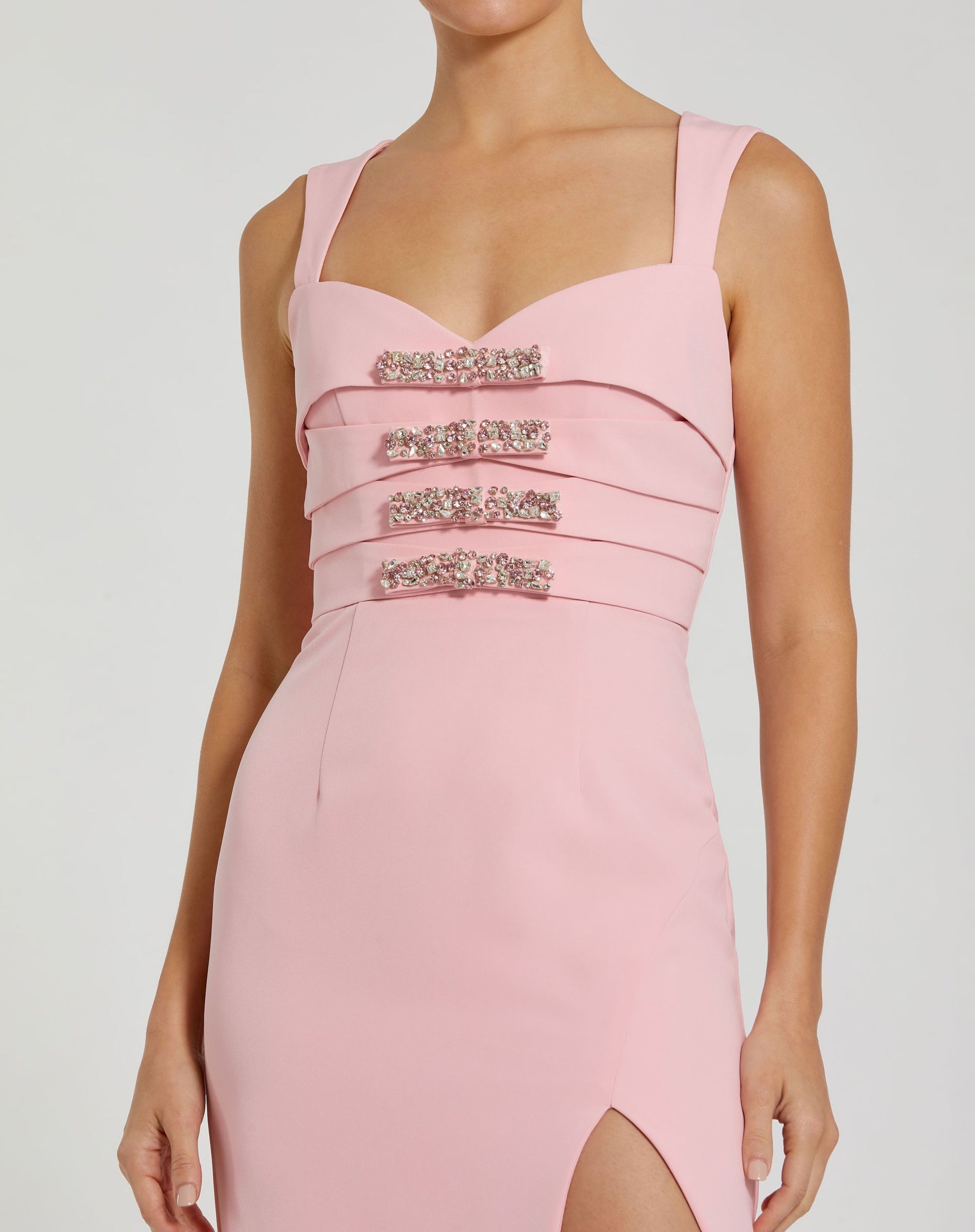 Pink Sleeveless Crepe Gown With Embellished Bows - Ieena for Mac Duggal