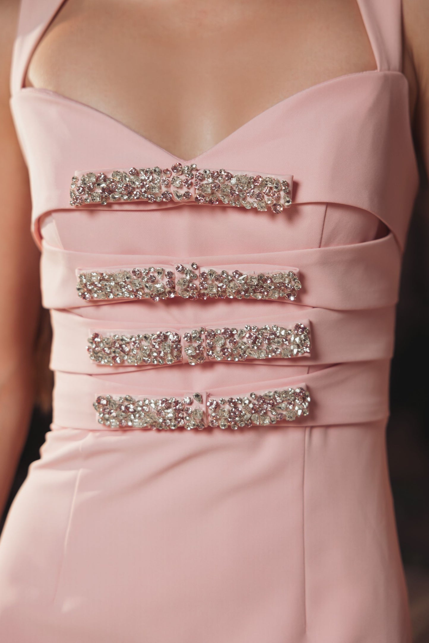 Pink Sleeveless Crepe Gown With Embellished Bows - Ieena for Mac Duggal