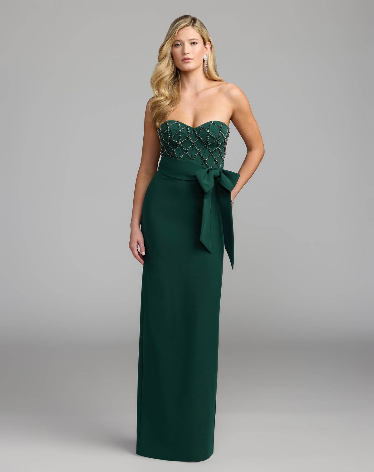 Emerald Strapless Embellished Crepe Gown With Bow Ieena for Mac Duggal