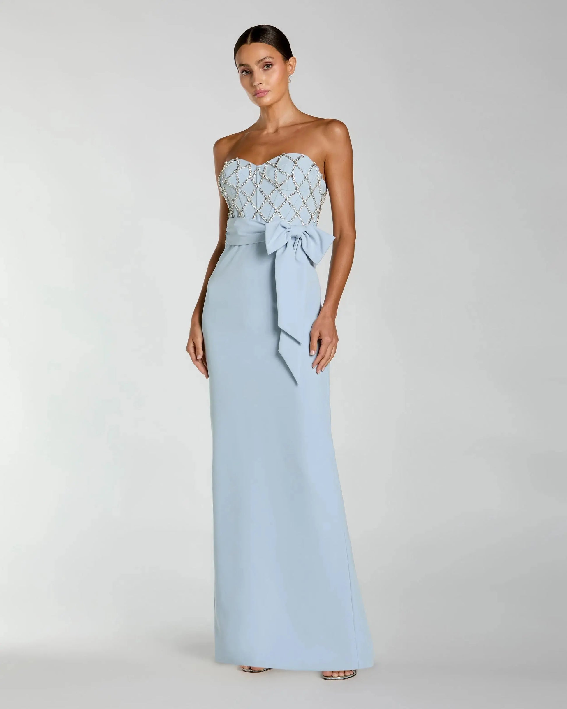 Blue Strapless Crepe Embellished Bustier Gown With Bow | Mac Duggal Blue Strapless Crepe Embellished Bustier Gown With Bow | Mac Duggal
