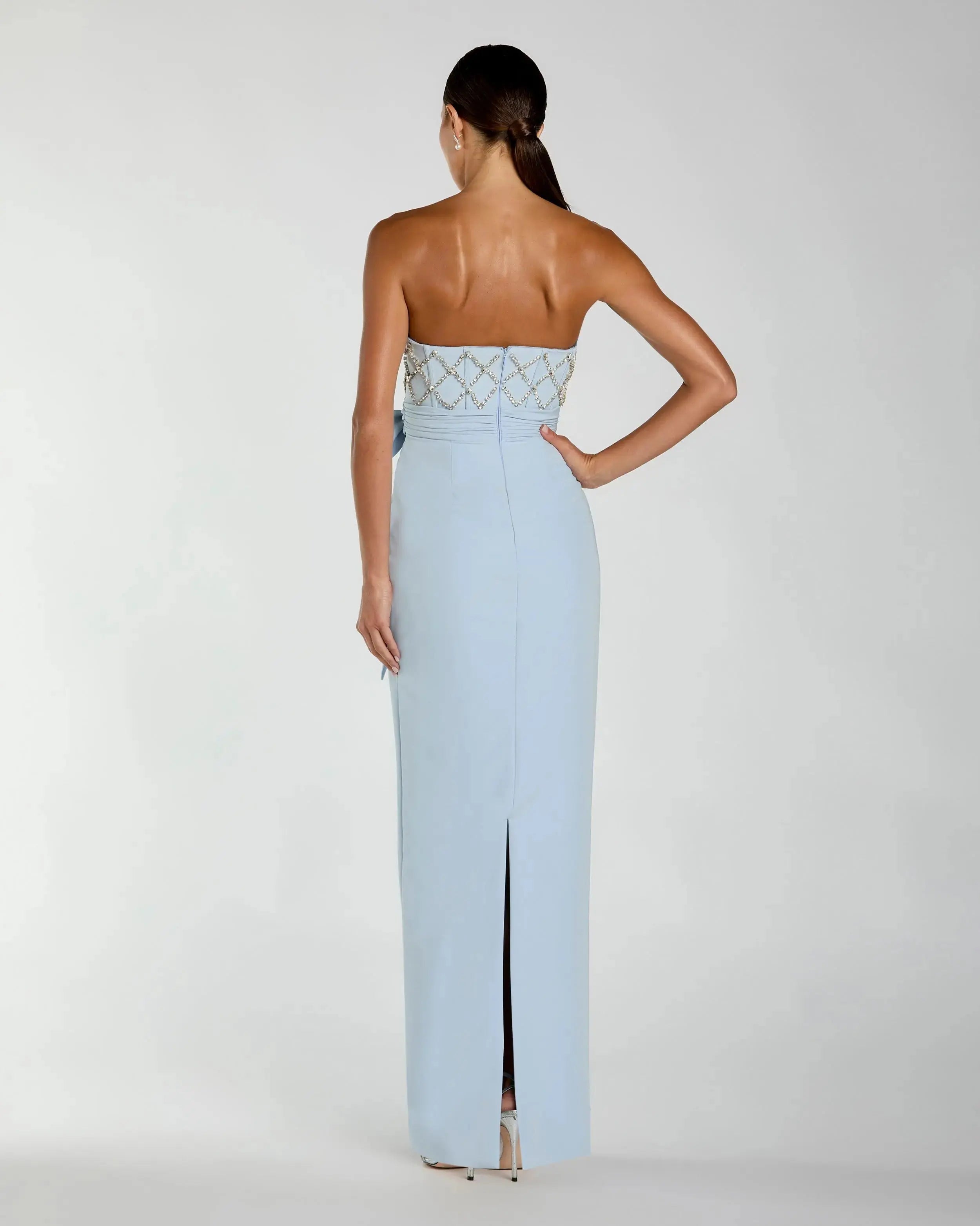 Strapless Crepe Embellished Bustier Gown With Bow Ieena for Mac Duggal