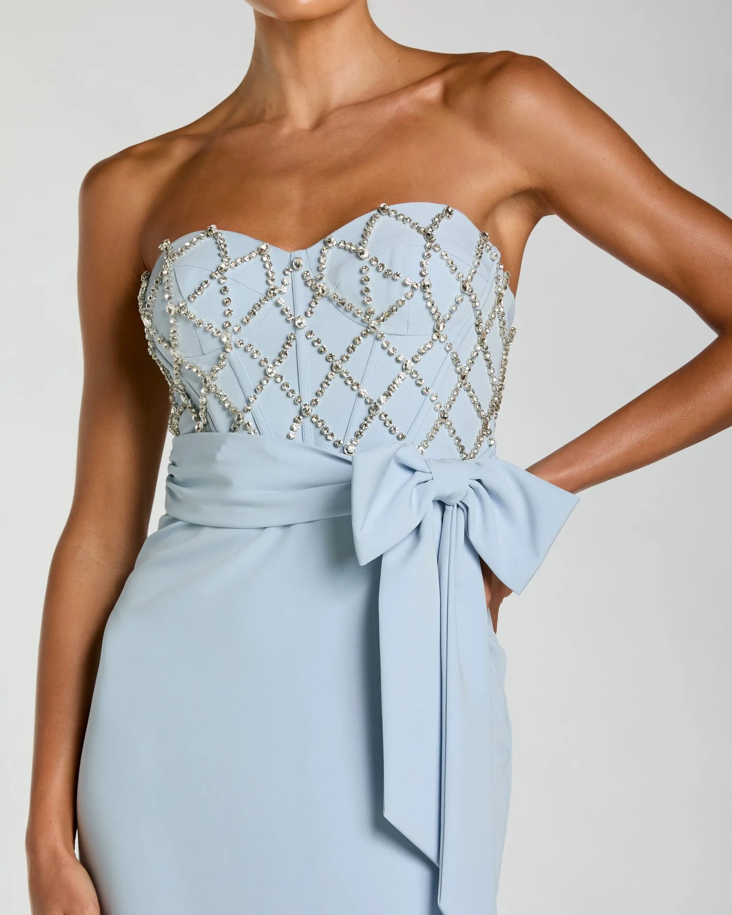 Strapless Crepe Embellished Bustier Gown With Bow Ieena for Mac Duggal