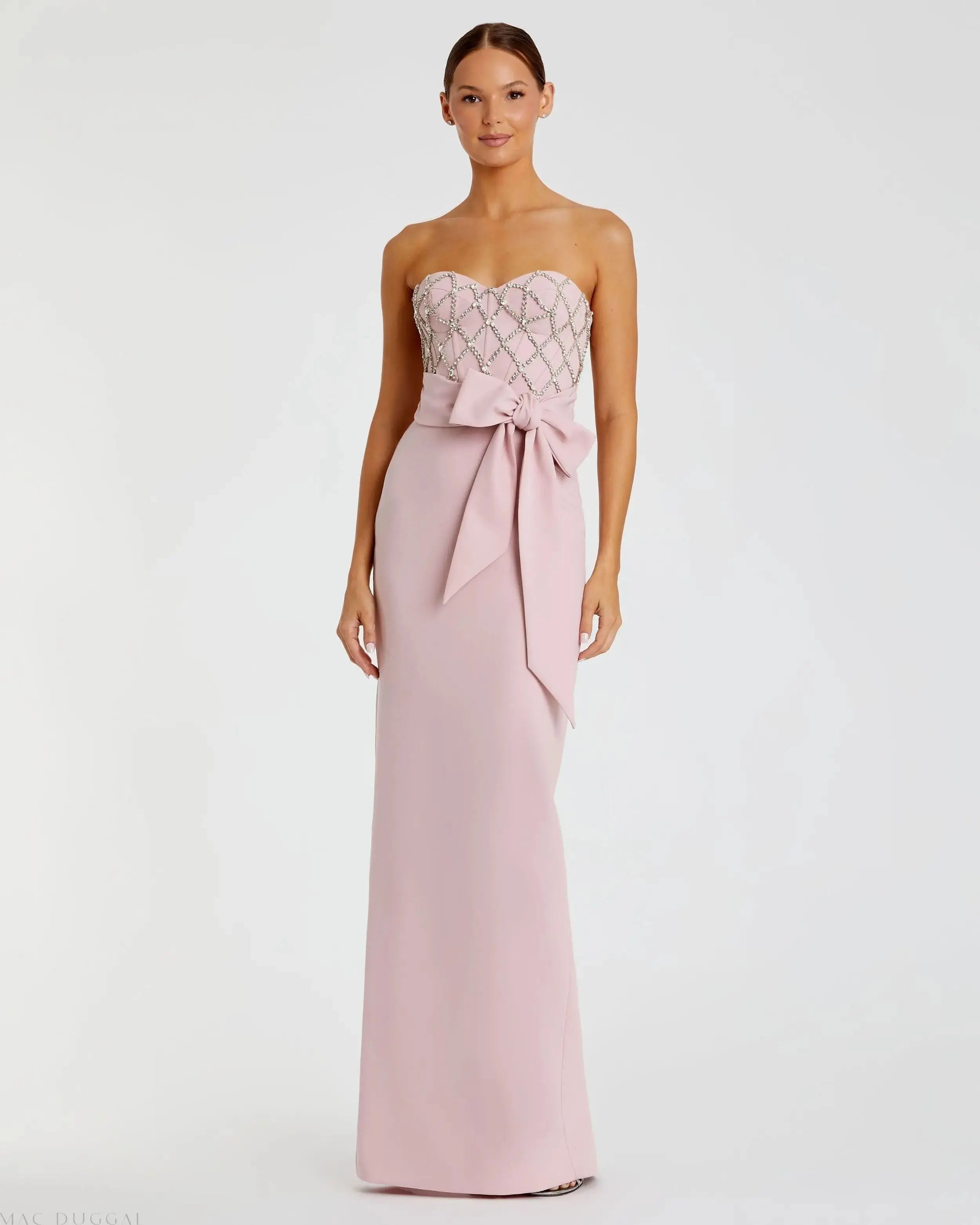Pink Strapless Crepe Embellished Bustier Gown With Bow - Mac Duggal