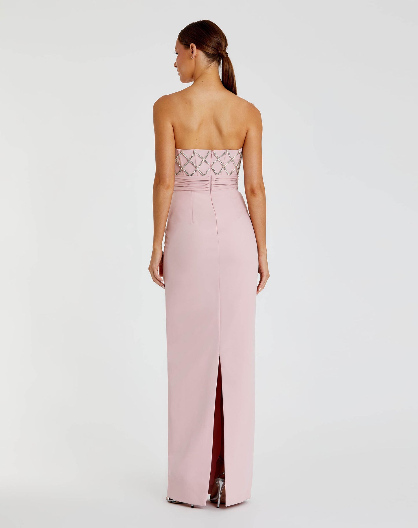 Pink Strapless Crepe Embellished Bustier Gown With Bow