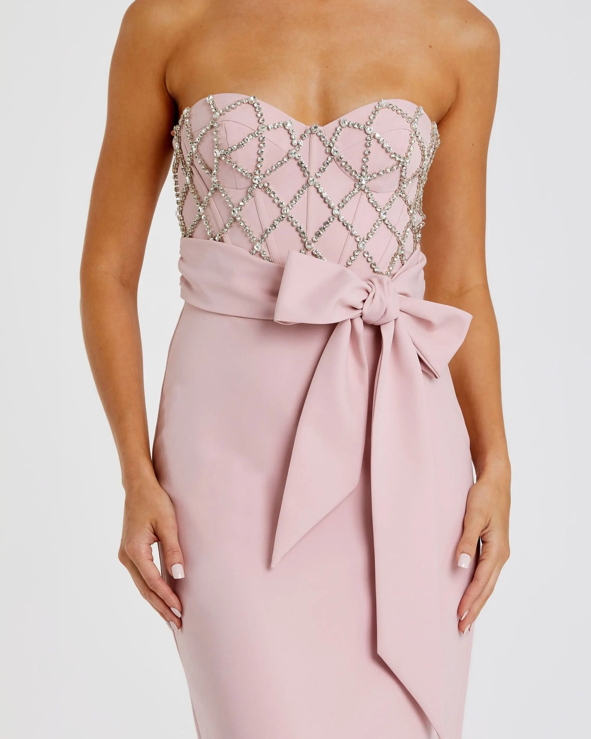 Pink Strapless Crepe Embellished Bustier Gown With Bow - Mac Duggal