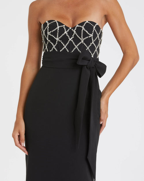 Black Strapless Crepe Embellished Bustier Gown With Bow