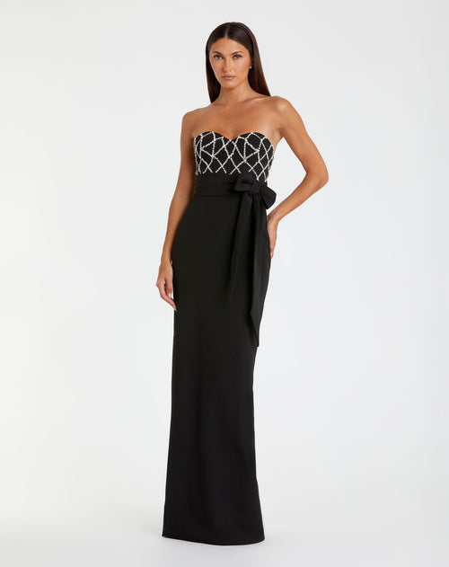 Black Strapless Crepe Embellished Bustier Gown With Bow